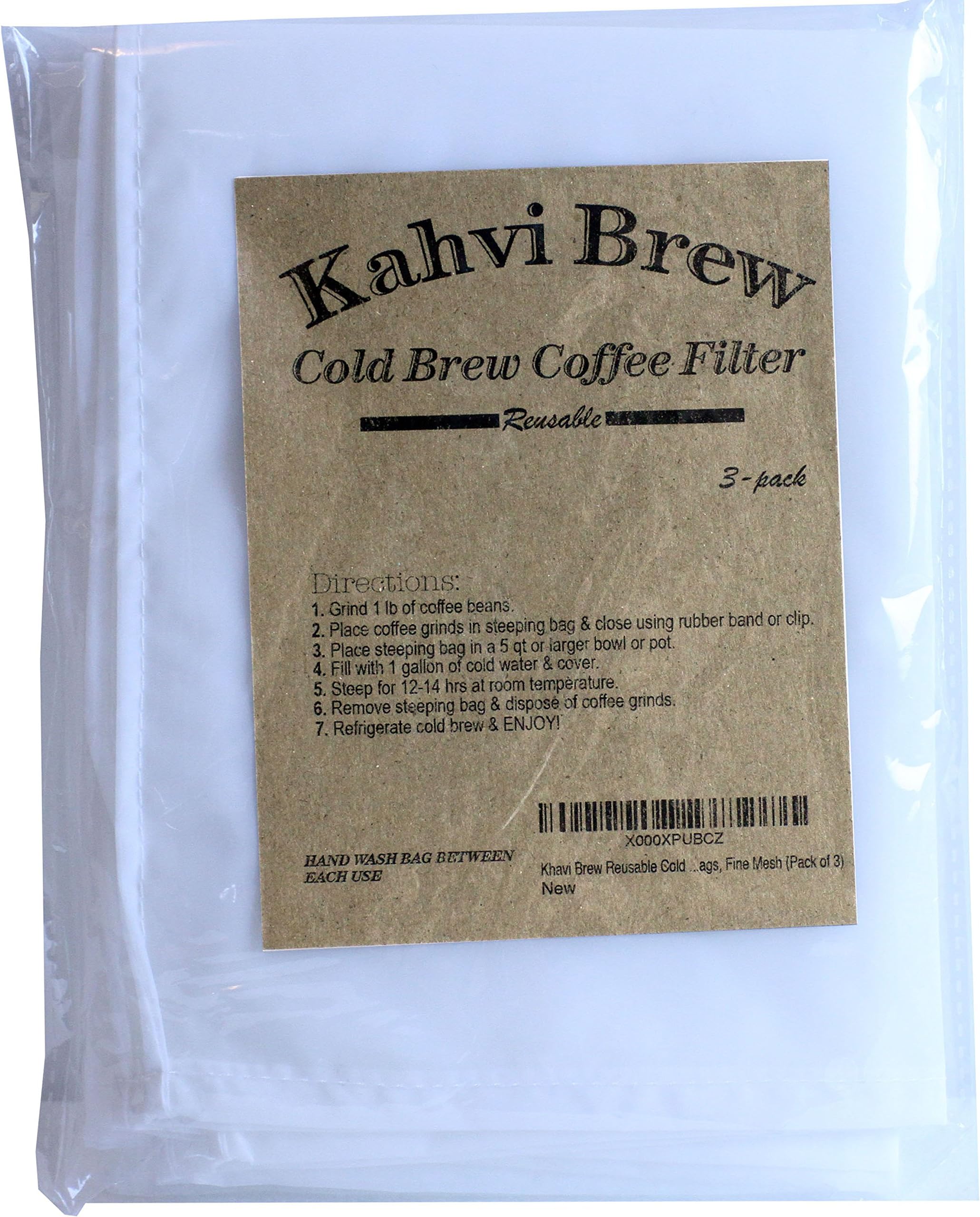 Khavi Brew Reusable Cold Brew Coffee Filter Bags, Fine Mesh (Pack of 3)