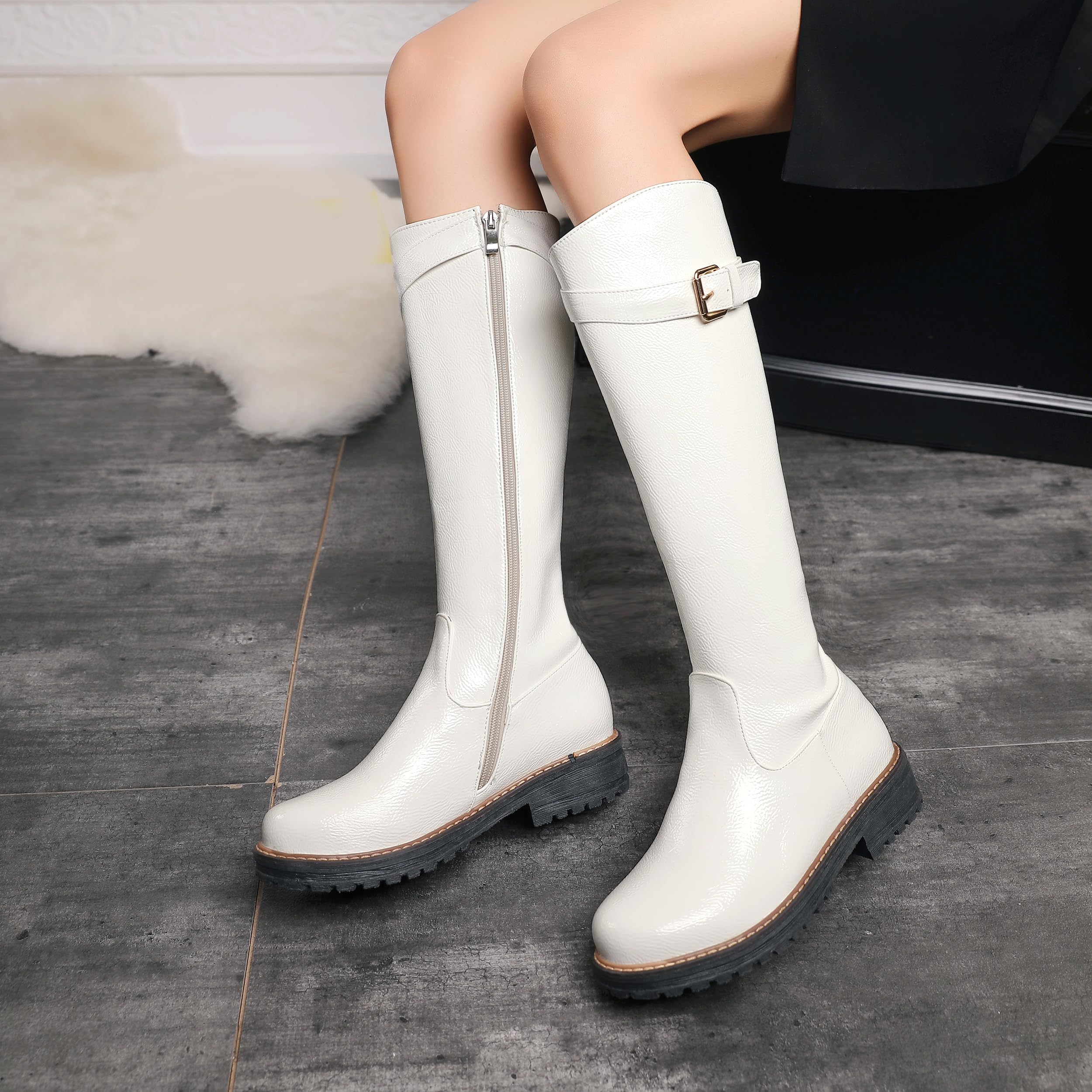 Botas altas clásicas de tacón bajo con cremallera para mujer