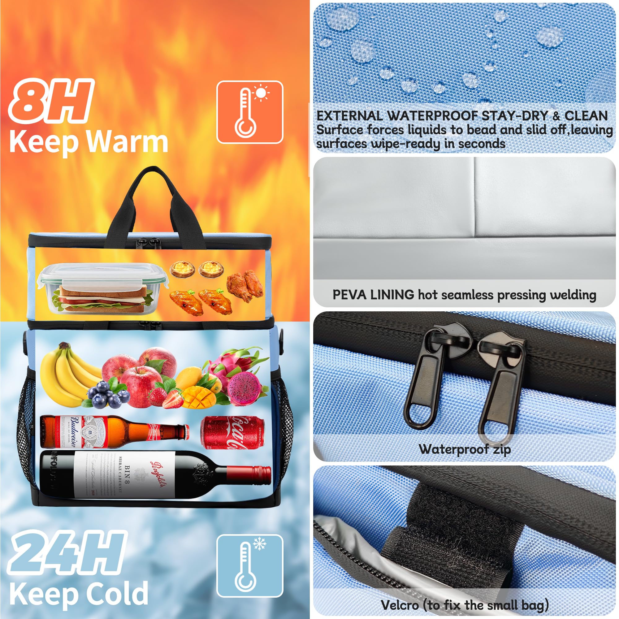 EULANT 2 en 1 Sac Isotherme Repas avec Fermeture Eclair Etanche,Grand sac Sacs Glaciere de 16L + Petite Pochette Isothermes de 5L,Cooler Bag pour Camping Picnic Beach Work Travel School Car