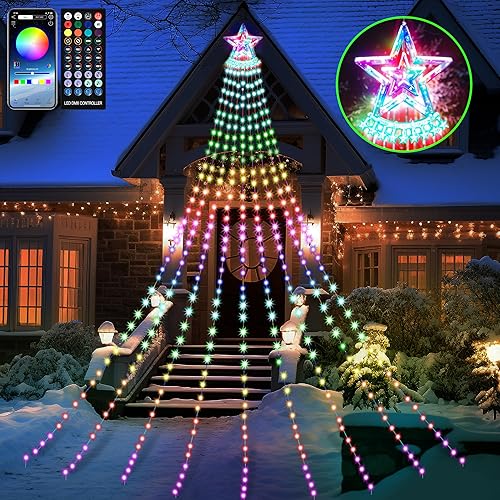 PRESENCE Waterfall Christmas Tree Lights, 11ft Led Cone Tree with Tree Topper Star APP Remote Control 10 Light Mode Music Sync, Led Christmas Tree Lights for Outdoor Christmas Decorations