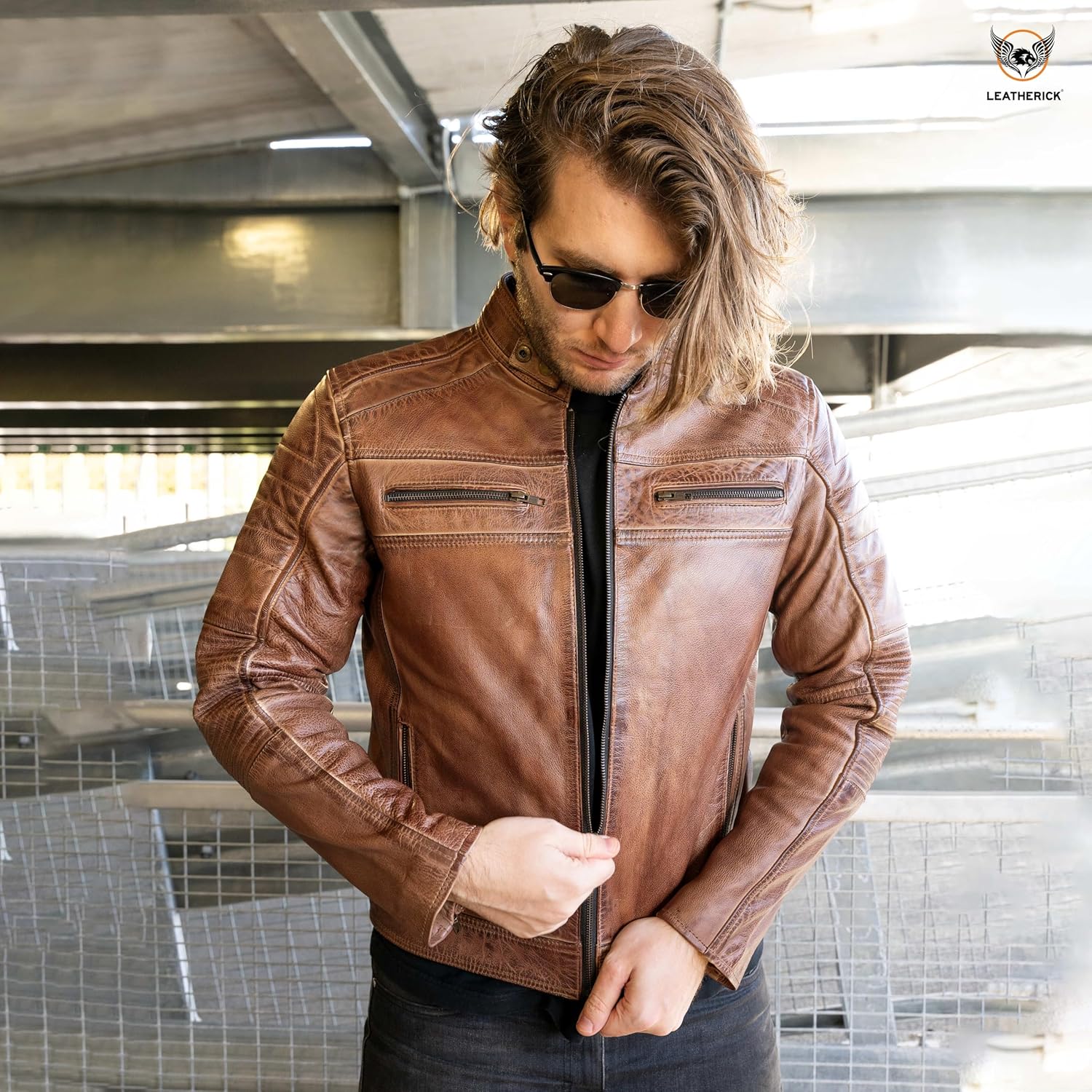 Leatherick Mens Distressed Tan Brown Genuine Leather Cafe Racer Biker Jacket Retro Style Vintage Jacket - Image 6