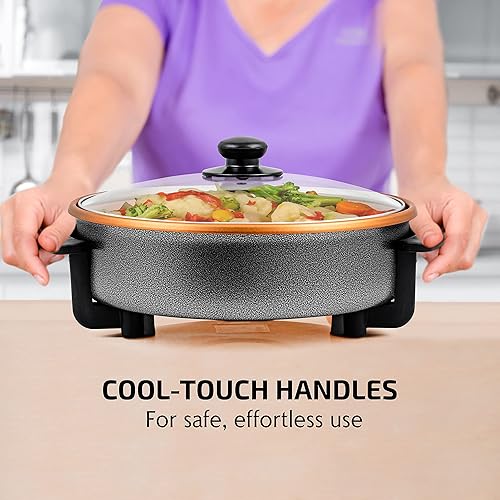 Vista 16 de OVENTE Wok eléctrico con revestimiento antiadherente, sartén de tamaño familiar de 13 pulgadas, potencia de 1400 W, temperatura ajustable, tapa