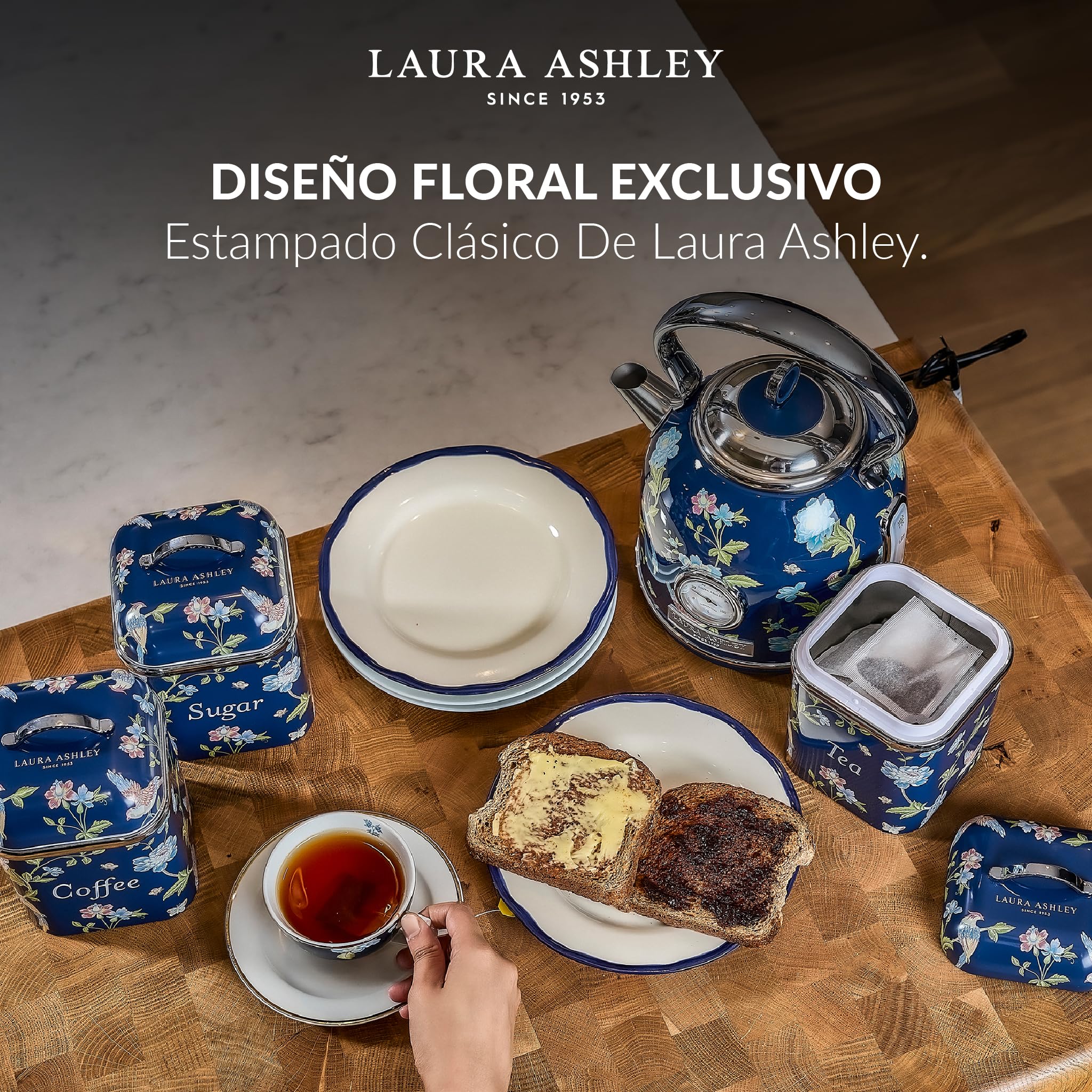 VQ Laura Ashley Elveden Navy Set 3 Botes Cocina Almacenaje Té Café y Azúcar