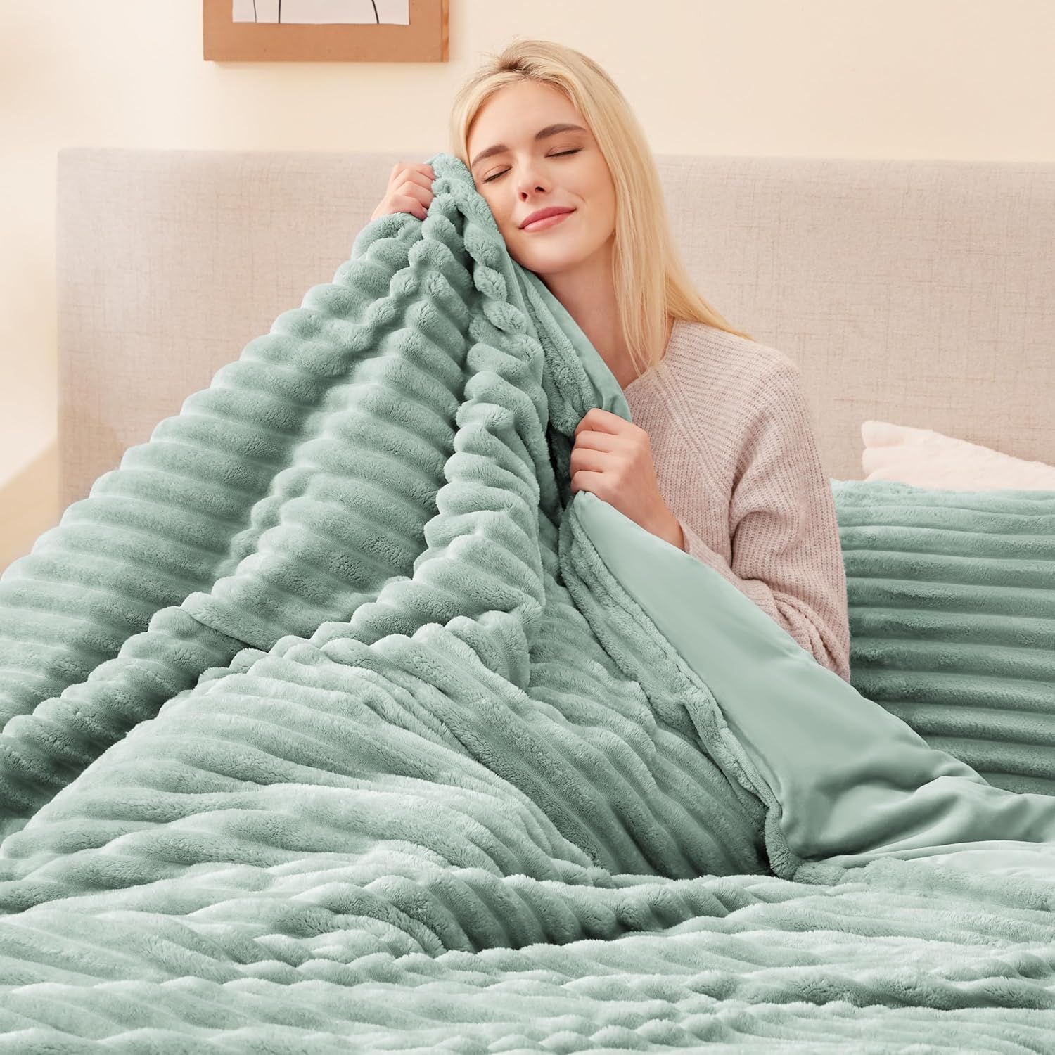 EXQ Home Fluffy Comforter Set Queen Size Super Soft Faux Fur Stripe Jacquard Comforter 3 Pieces, Sage Green Fleece Bedding Set,Winter Warm Bed Set,1 Comforter with 2 Pillowcases - Image 2