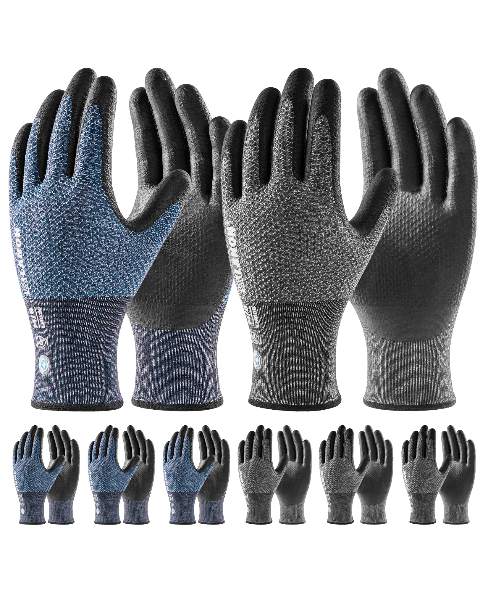 LANON Gardening Gloves for Women Men, 6 Pairs Nitrile Coated Garden Gloves with Grip, Breathable B.COMB AIR Technique, Durable, Dusty Olive & Bluebird, Large