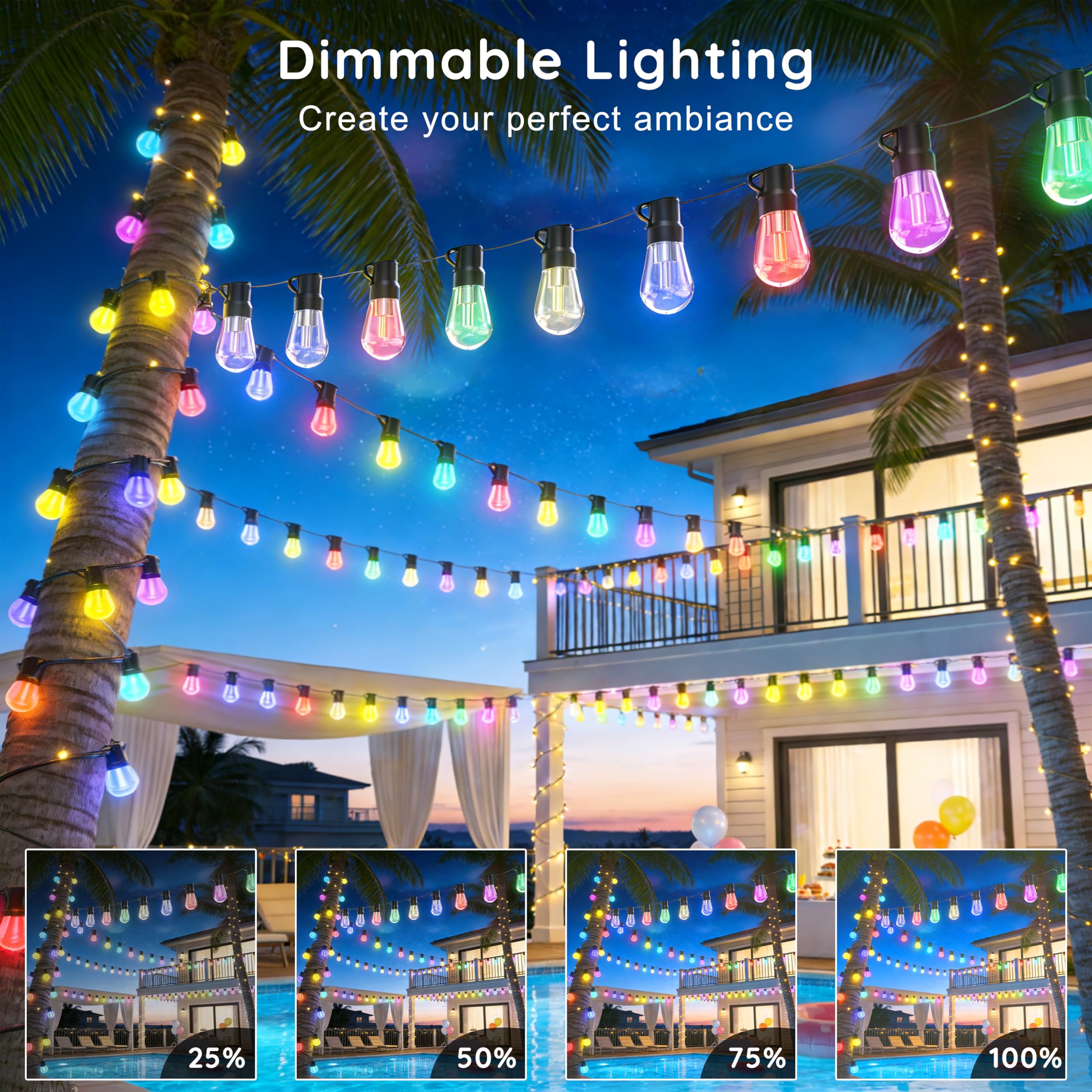 Guirnalda de luces RGB+IC de 300 pies para exteriores, bombillas LED inastillables regulables, IP67 impermeables, luces de persecución DreamColor, iluminación dinámica multicolor para patio, balcón