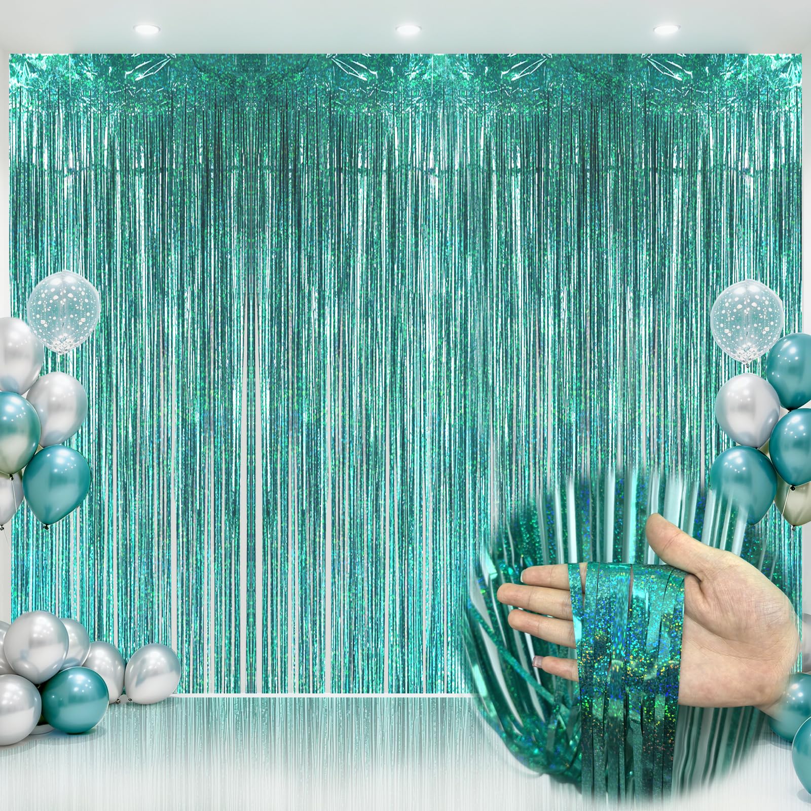 OQOQ Teal Foil Fringe Curtains Backdrop (3 Pack), 3.3x8.2ft Extra Long Aqua Blue Tinsel Streamers for Mermaid Beach Party Shimmering Photo Booth for Wedding Birthday Bridal Shower Underwater Party