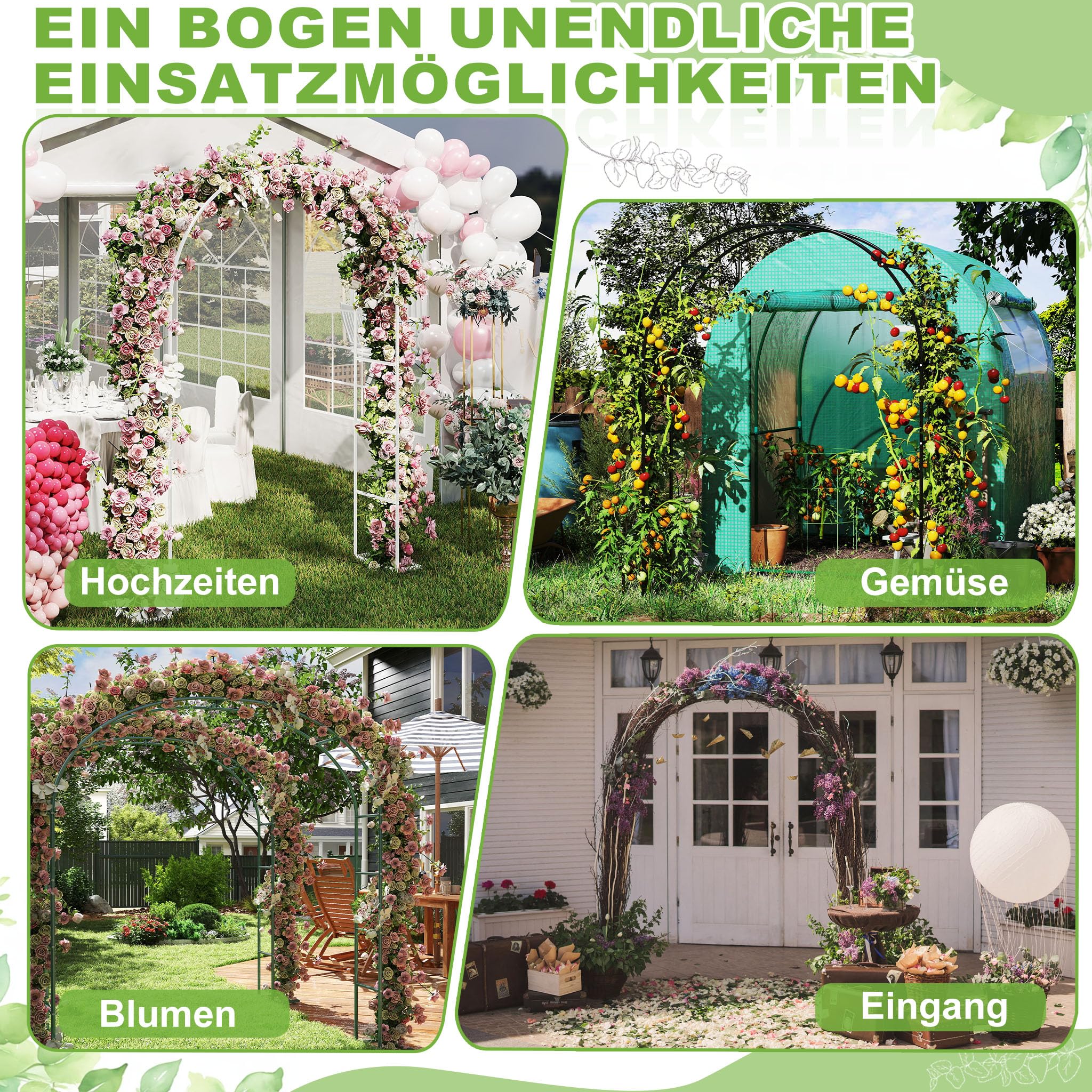 XMTECH Arche de jardin en métal - 192 x 38 x 240 cm - Arche stable avec plaques de sol - Tuteur pour plantes grimpantes - Pour jardin, mariage et célébrations - Résistant aux intempéries - Blanc