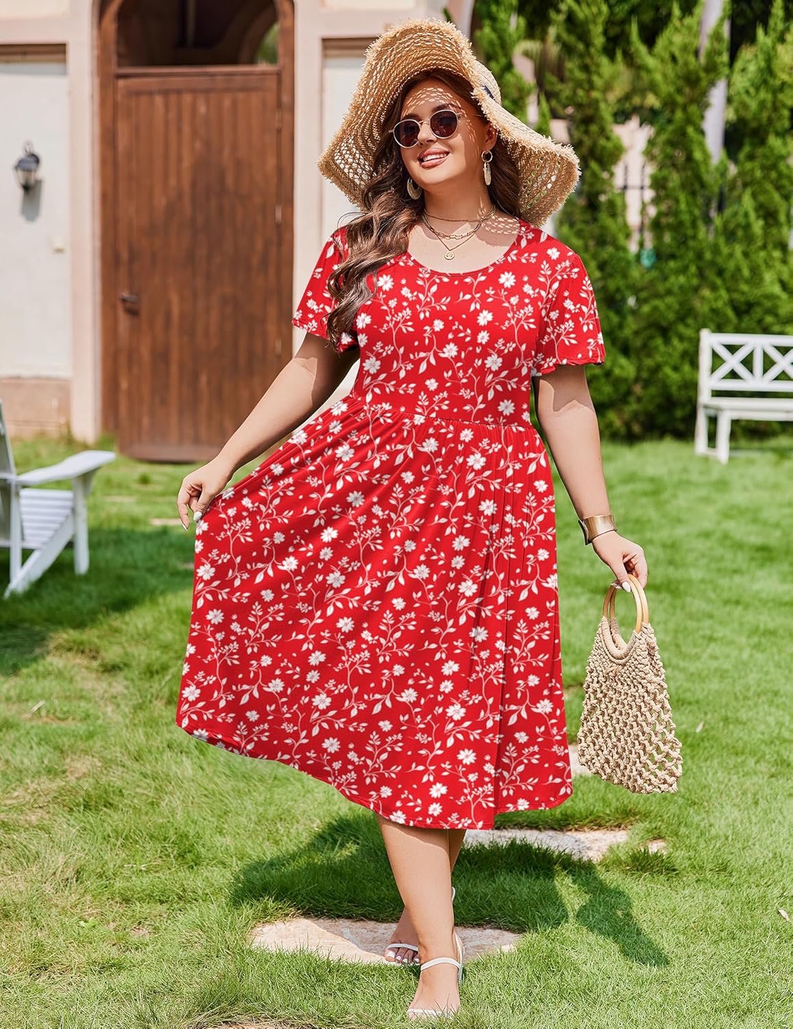 IN'VOLAND Women Plus Size Short Sleeve Dress Loose Summer Casual A-Line Flowy Midi Dresses with Pockets - Image 2