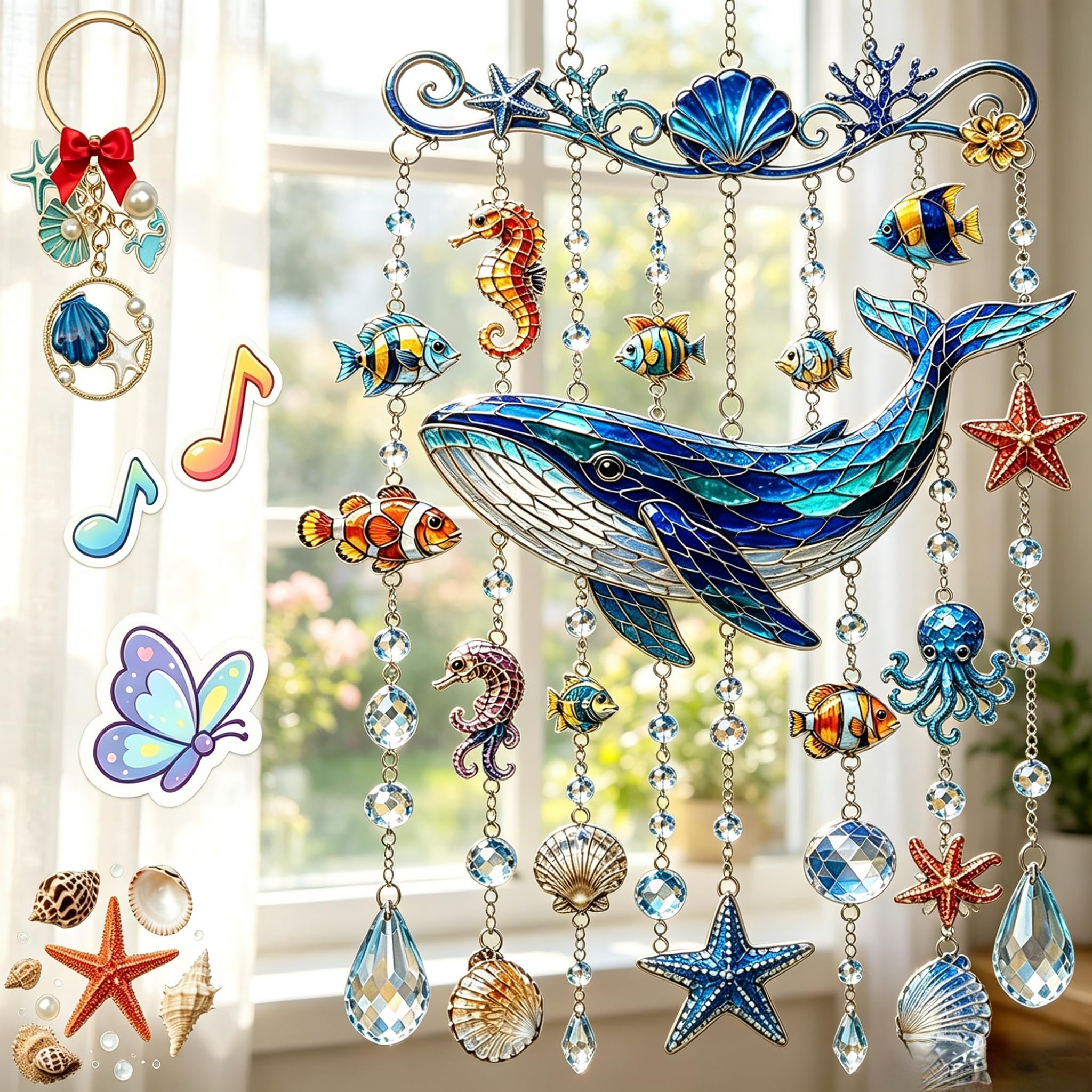 Hanging Ocean Themed Crystal Wind Chime, Stained Acrylic Turtle Wind Chimes