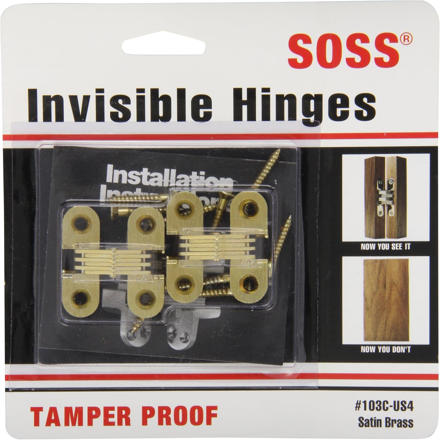 SOSS - 103CUS4 Mortise Mount Invisible Hinges with 4 Holes, Zinc, Satin Brass Finish, 1-1/2" Leaf Height, 1/2" Leaf Width, 19/32" Leaf Thickness, #6x1 Wood Screw Size (Pack of 2)