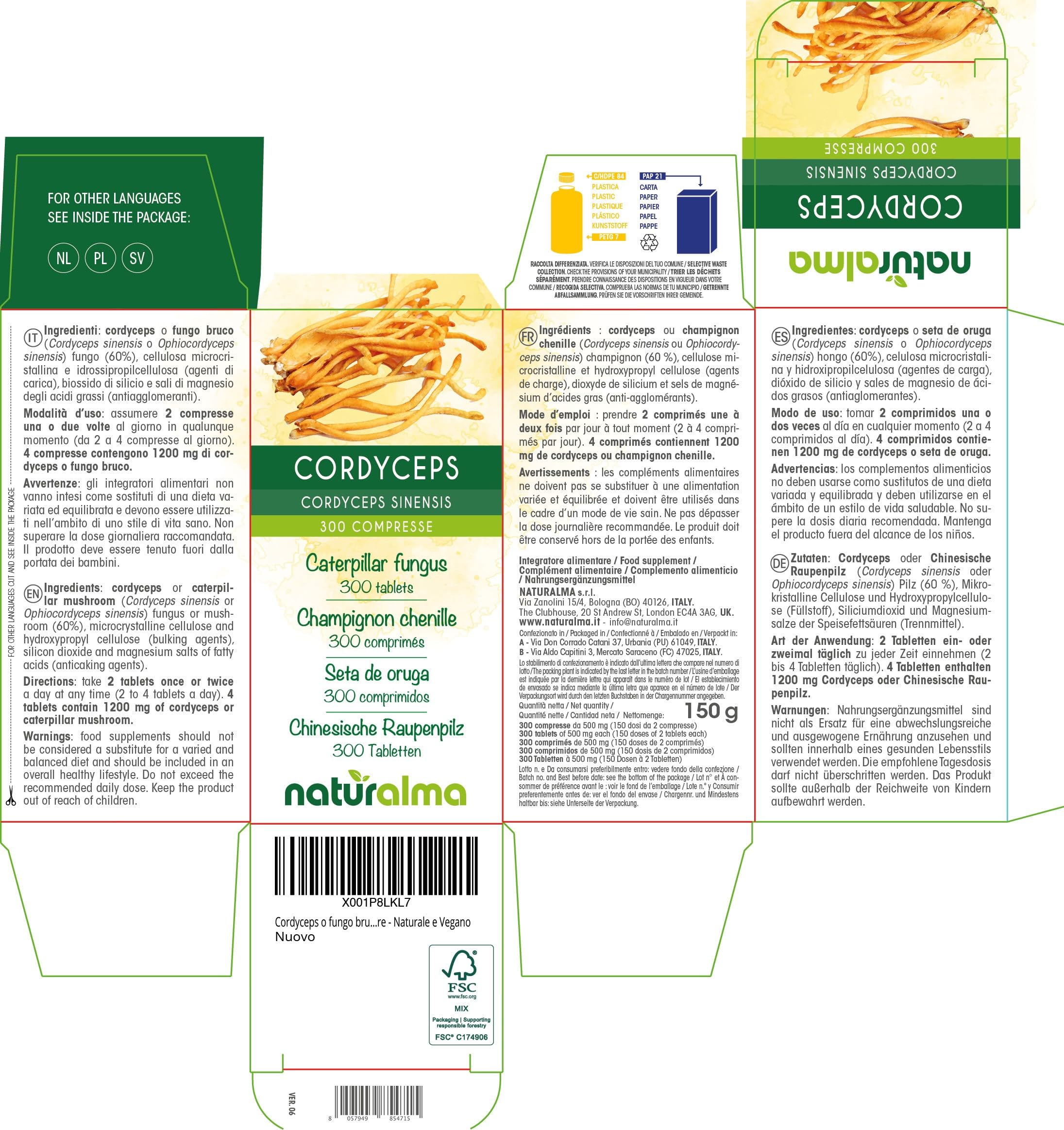 Cordyceps o fungo bruco (Cordyceps sinensis o Ophiocordyceps sinensis) fungo Naturalma - 150 g - 300 compresse - Integratore alimentare - Naturale e Vegano