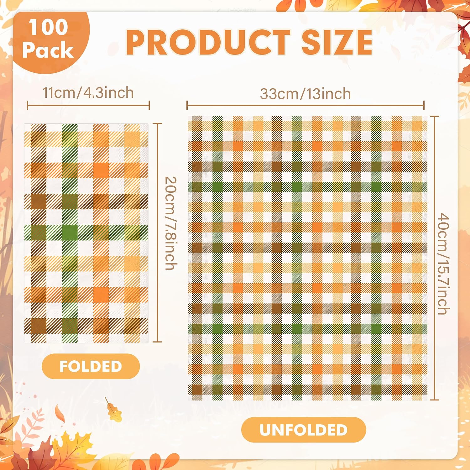 100 Pcs Fall Plaid Paper Napkins, Autumn Thanksgiving Cocktail Guest Napkin image 2