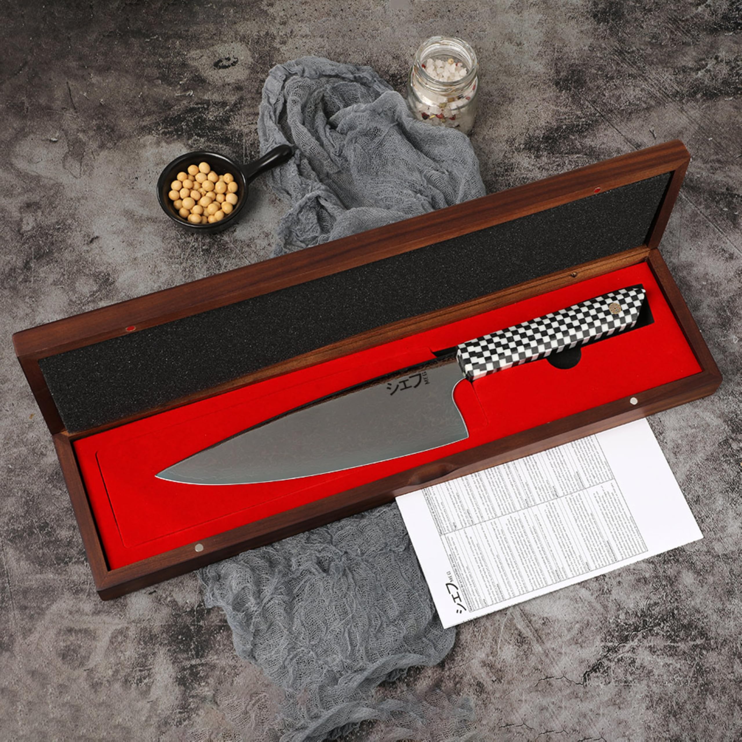 MEG Cuchillo Chef Gyuto Japonés 20,5 cm, Damasco 67 Capas con Patrón Gotas de Lluvia, Núcleo 10Cr15CoMoV, hasta 62 HRC, Mango Octogonal de Resina, Caja de Acacia