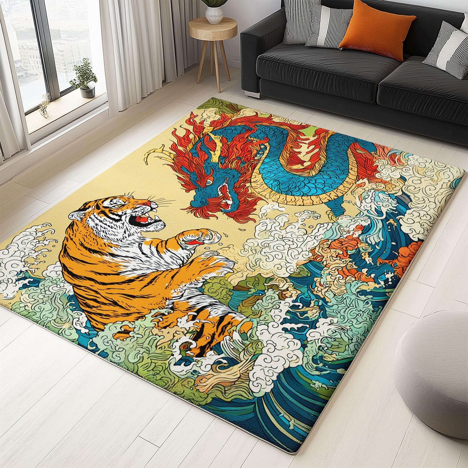 Tapis 90x180 cm, Motif Dragon et Tigre Chinois, Lavable, pour Salon ou Chambre, Style Asiatique, Motif Vagues Marines japonaises, Fin et antidérapant