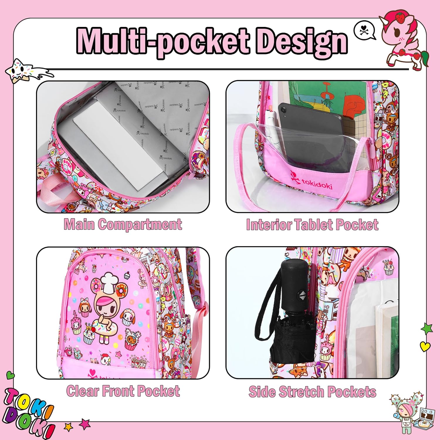 Tokidoki Unicorno Backpack with 4pcs Brooch, Clear Backpacks with Multiple Pockets, Cute PVC Backpacks Large Carry on Backpack College Bookbag Casual Daypack for Travel Outdoor Sports - Image 3