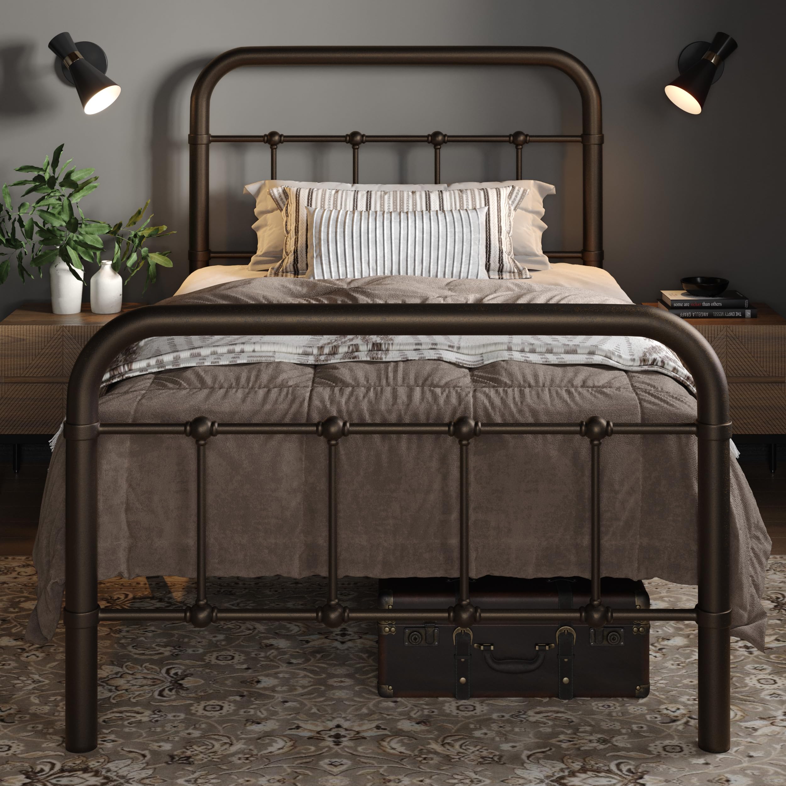 Allewie Twin Metal Bed Frame with Victorian Headboard, Antique Bronze