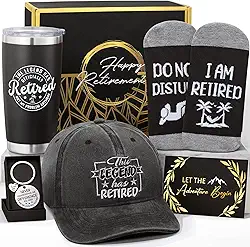 Conjunto de presente de aposentadoria para homens 2025 - Happy Retirement para colegas de trabalho, professores, chefe, amigos, pai, vovô, aposentados - cesta divertida para aposentados com copo de