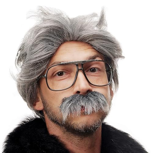 WIG ME UP- 4129-P103-68A Peluca y Bigote Gris Carnaval Halloween Einstein Abuelo, Viejo, científico Loco, Mad Scientist, Profesor