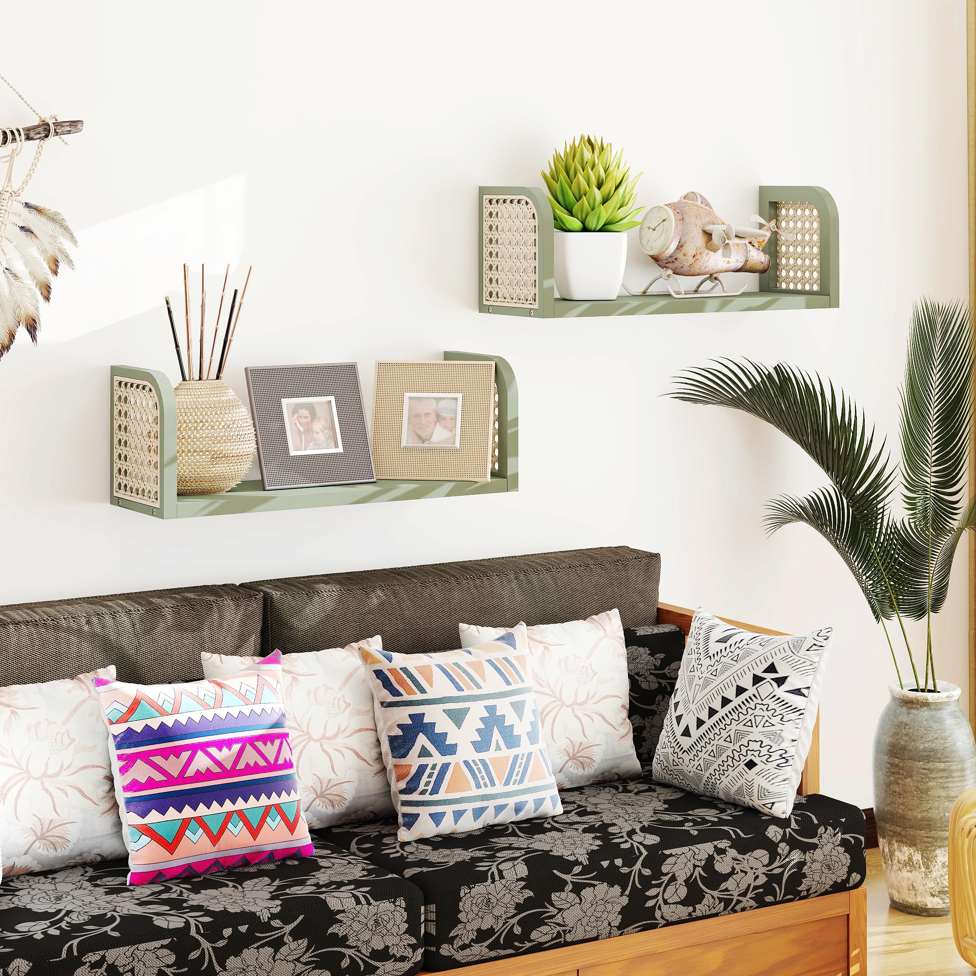 2er Set Rattanregal – Boho Wandregal & Boho Deko in Grün, Hängeregal für Kinderzimmer, Wohnzimmer & Schlafzimmer, Aufbewahrung für Bücher & Spielzeuge in Grün