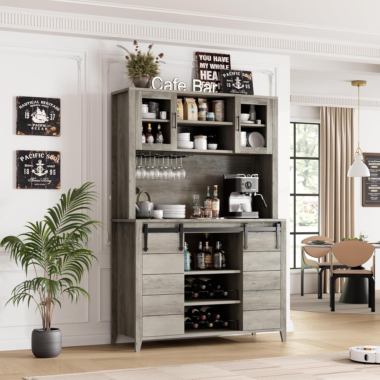 GarveeHome 70 in Tall Farmhouse Coffee Bar Cabinet, Kitchen Hutch Storage with Sliding Barn Door, Kitchen Buffet with Wine Rack, Glass Holder, Wine Bar Cabinet for Dining Room, Living Room, Gray