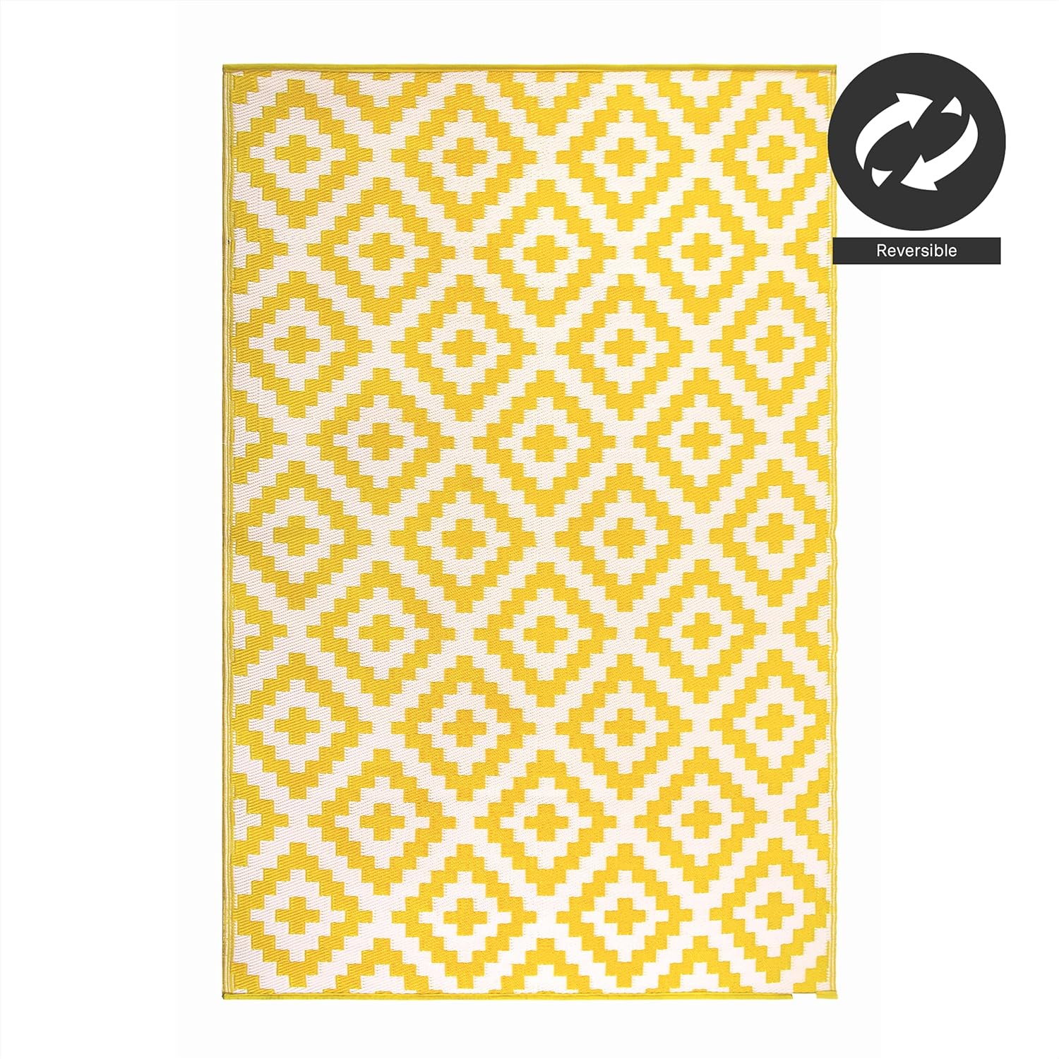 FH Home Outdoor Rug - Waterproof, Fade Resistant, Reversible - Premium Recycled Plastic - Geometric - Porch, Deck, Balcony, Mudroom, Laundry Room, Patio - Aztec - Yellow & White Crease Free - 3 x 5 ft
