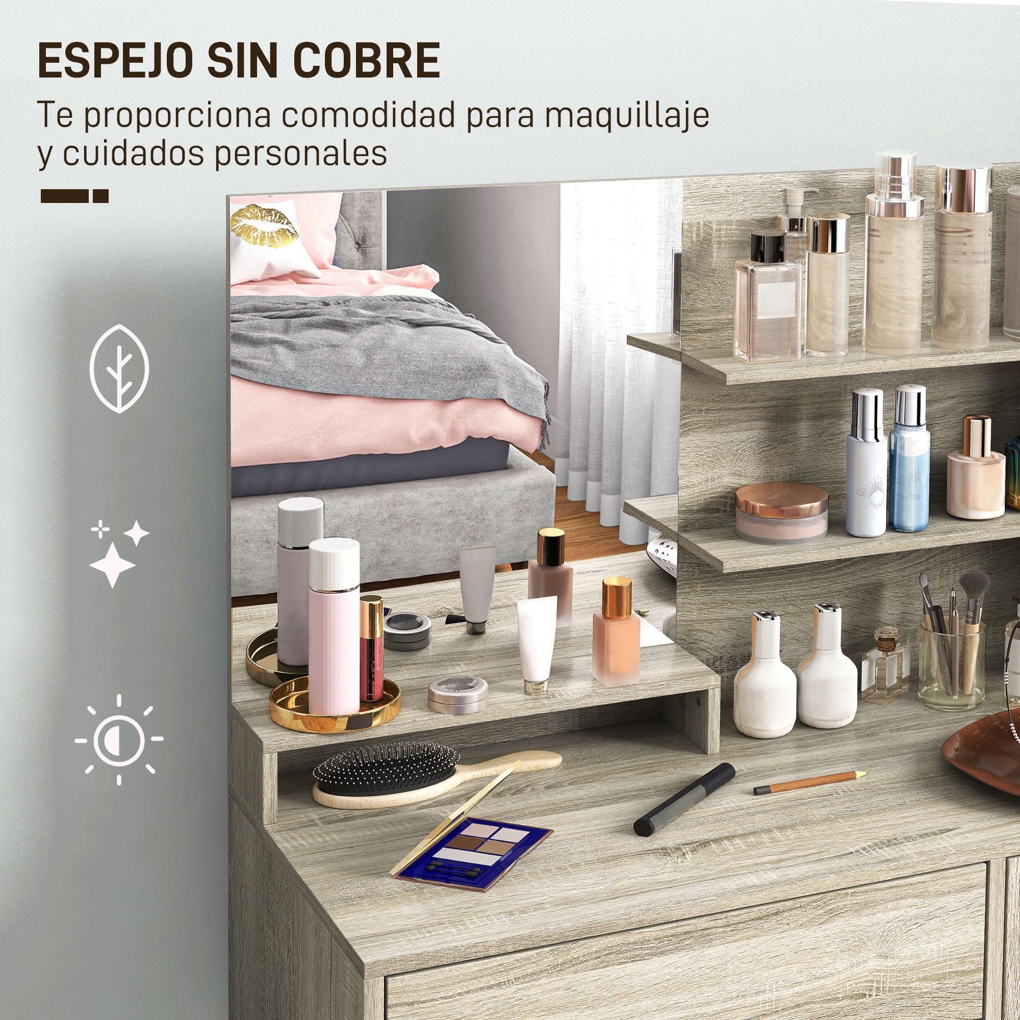 HOMCOM Tocador de Maquillaje con Taburete, Tocador con Espejo, Estantes Abiertos, Cajón y Estante Ajustable, Anti-vuelco, para Dormitorio, Salón y Vestidor, Natural