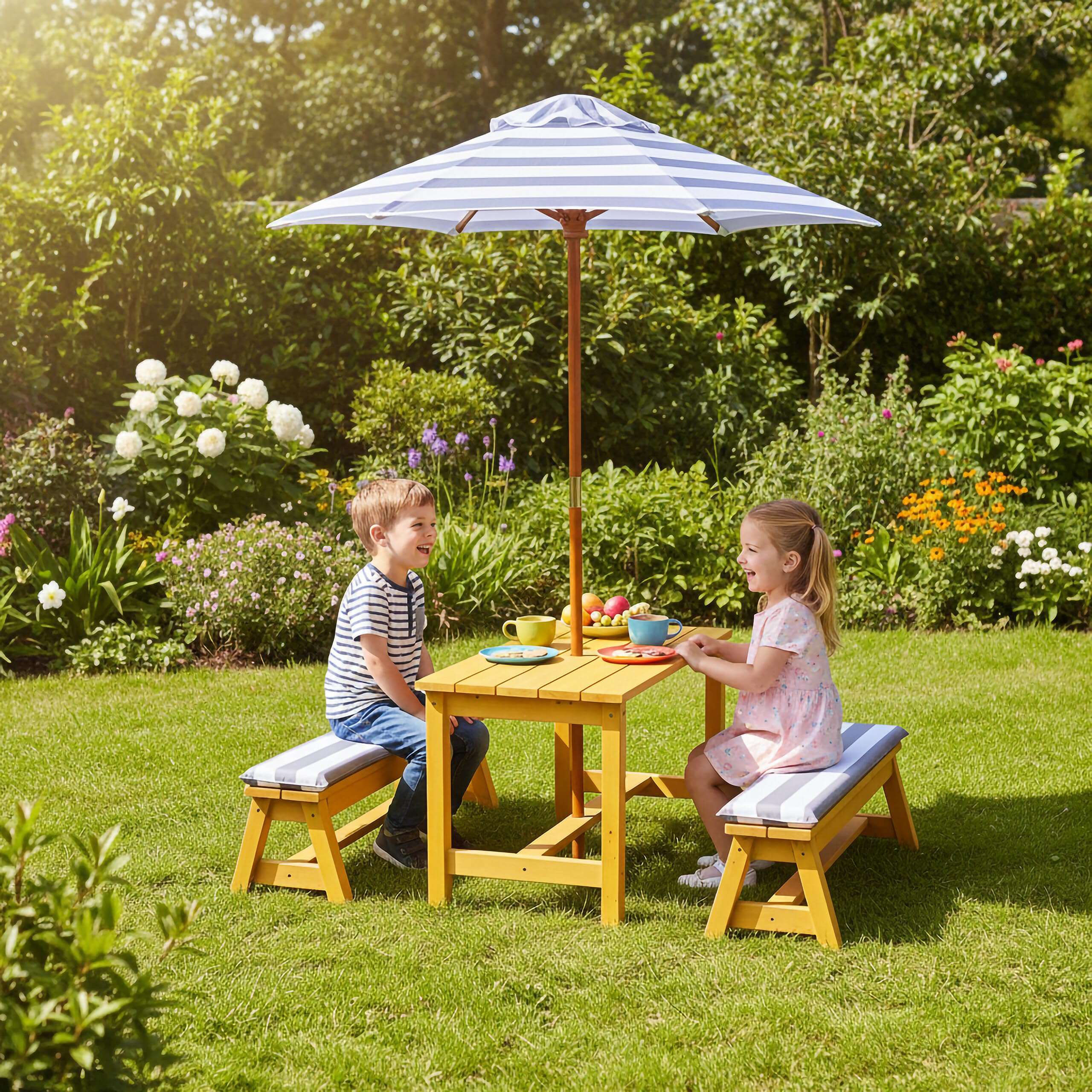 Relaxdays Kindersitzgruppe Holz Garten Picknickbank mit Schirm & Kissen für draußen