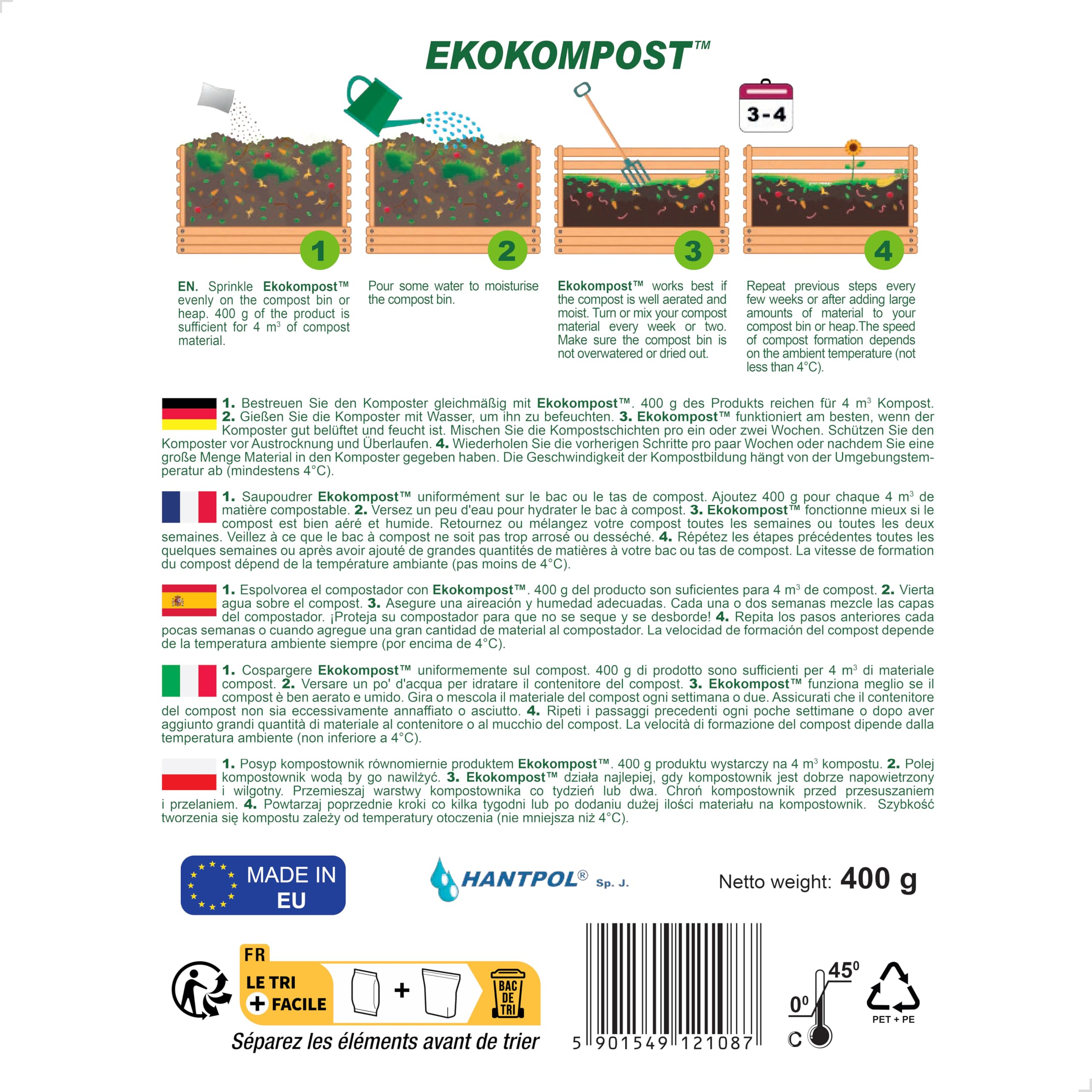 EKOKOMPOST Kompostbeschleuniger - Natürliche Mikrobiologische Kompostierhilfe - Schnellere Kompostierung durch Nutzbakterien - Für alle Kompostbehälter - 2x 400g für 8.000 L/ 8m3 Kompost