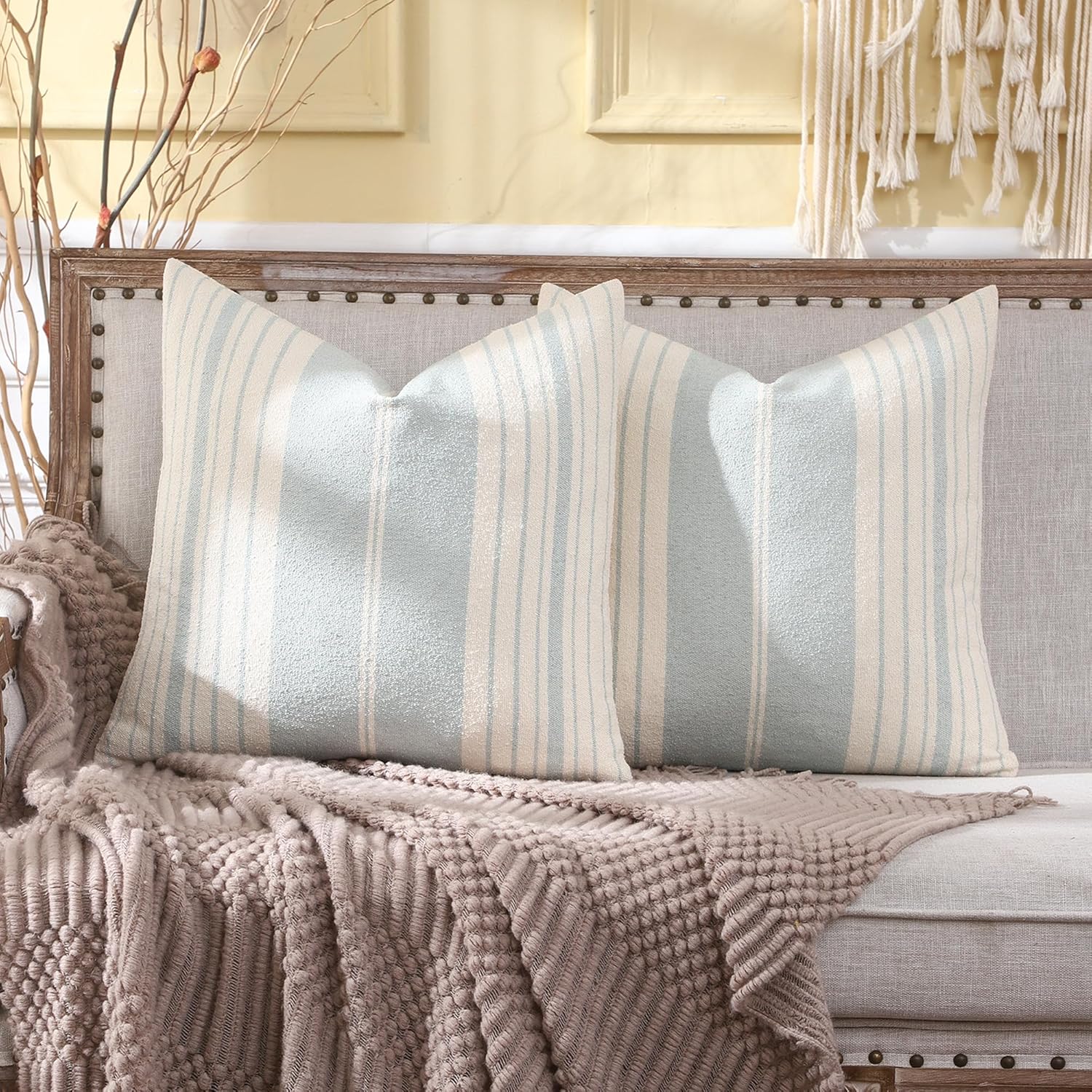 Tosleo Blue Striped Pillow Covers 18x18 inch Pack of 2 Boho Throw Pillow Covers Couch Coastal Decorative Pillow Cases Woven Textured Neutral Boho Stripes Cushion Cover Spring Farmhouse Decor - Image 3