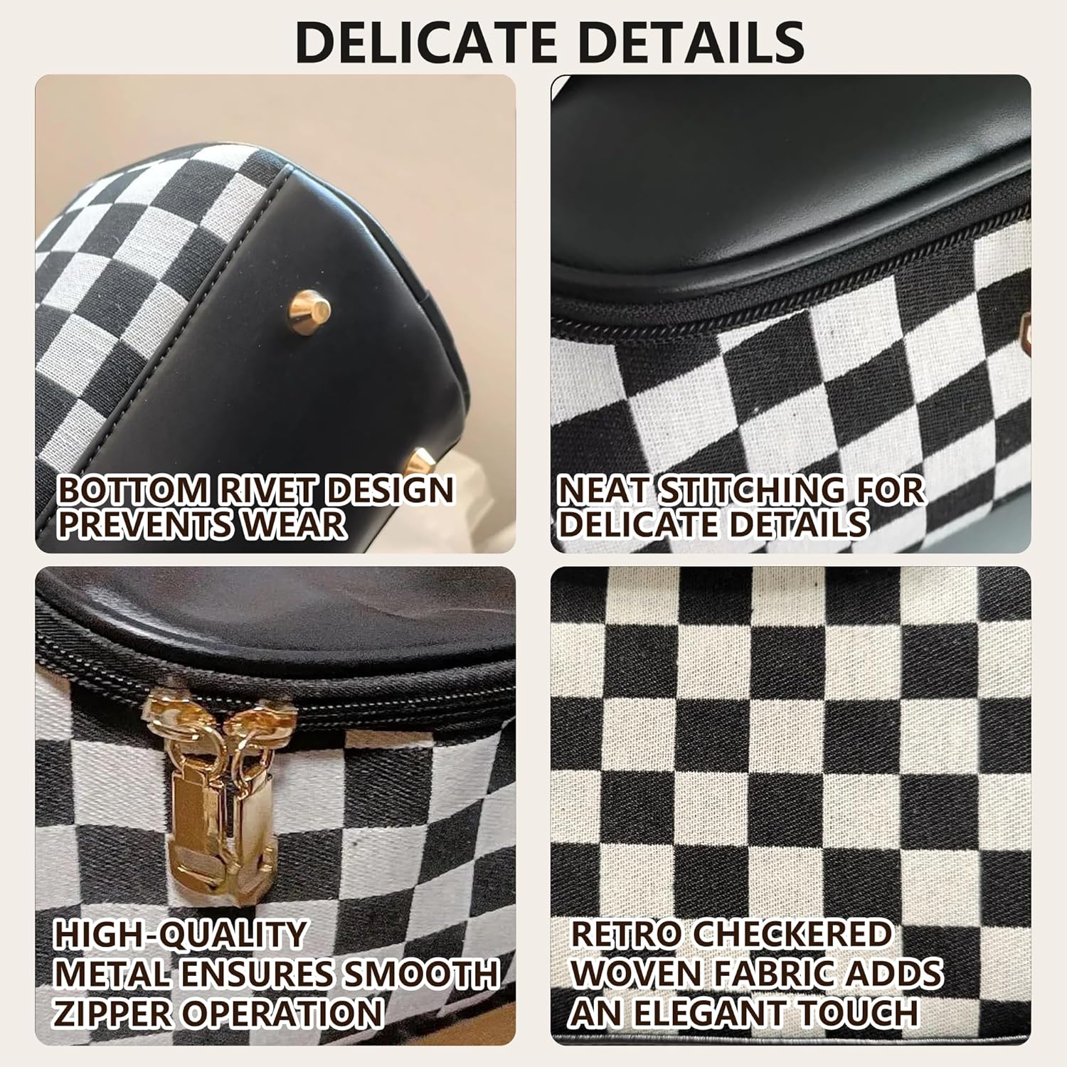 Vintage Makeup Bag for Women Portable Retro Checkered Pattern Cosmetic Organizer Patchwork Style Pillow Storage Pouch Skincare Storage Bag Large Capacity Elegant Handheld Waterproof Handbag (Black) - Image 5