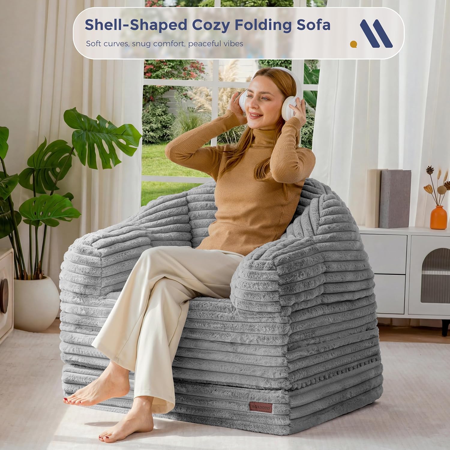 MAXYOYO Folding Sofa Bed, 2 in 1 Convertible Sofa to Lounger Comfy Faux Fur Bean Bag Chair for Adults, Floor Single Sleeper Couch Chair with Handle, Couch Bed for Living Room Bedroom, Grey