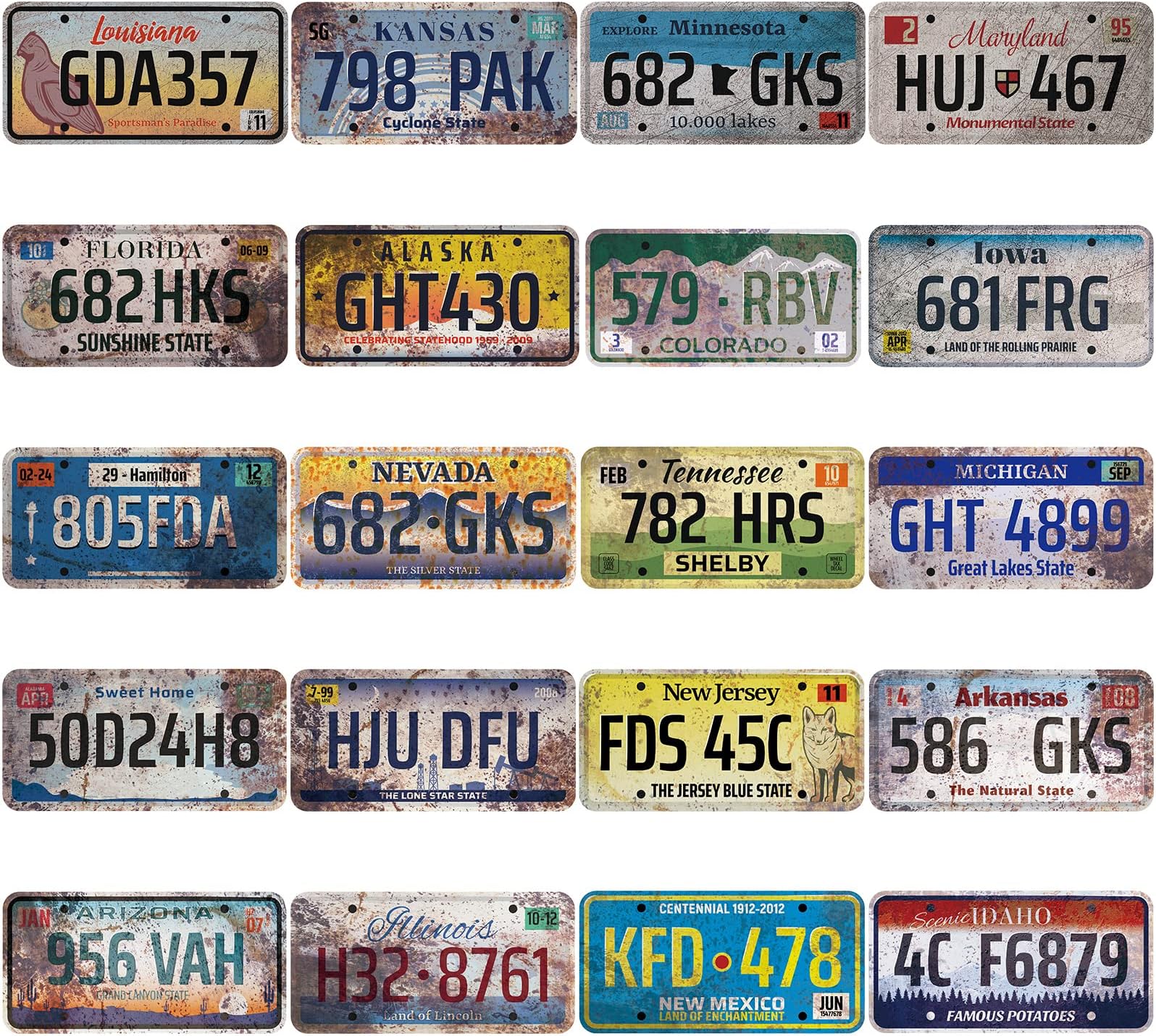 20 Pcs License Plate Decor Assorted Garage Decor License Plates Stickers Retro Vintage Us States Number Tags Automotive Vintage Decor Retro Home Decor for Man Cave Garage DIY Bar Home, 6 x 12 Inch