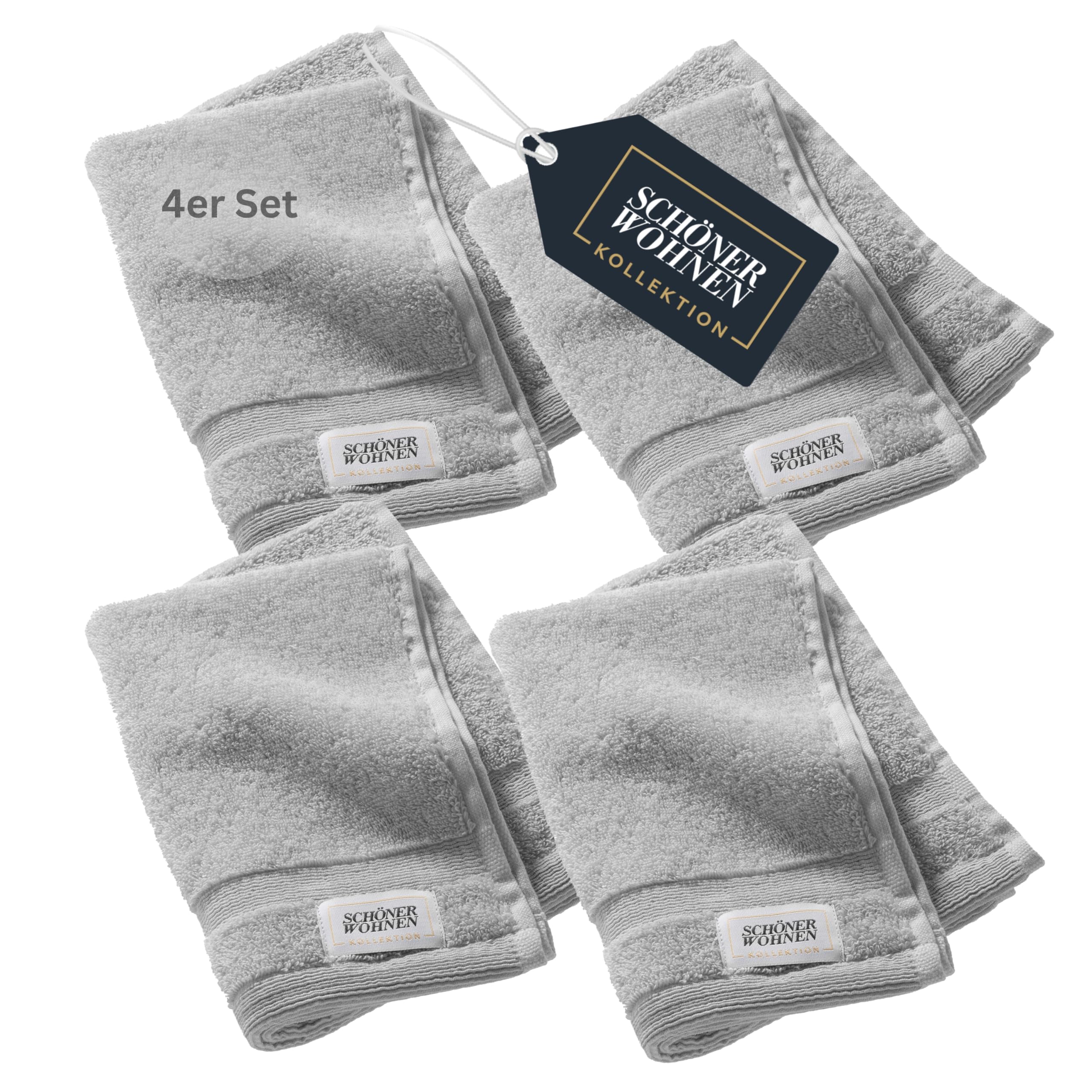 SCHÖNER WOHNEN 4er Set Premium Gästehandtuch 30x50 cm - saugstark - Luxus Handtücher Grau 4teilig - 100% Baumwolle - flauschig weich - als Handtuch-Set kombinierbar - Frottee Kinder - Öko-Tex