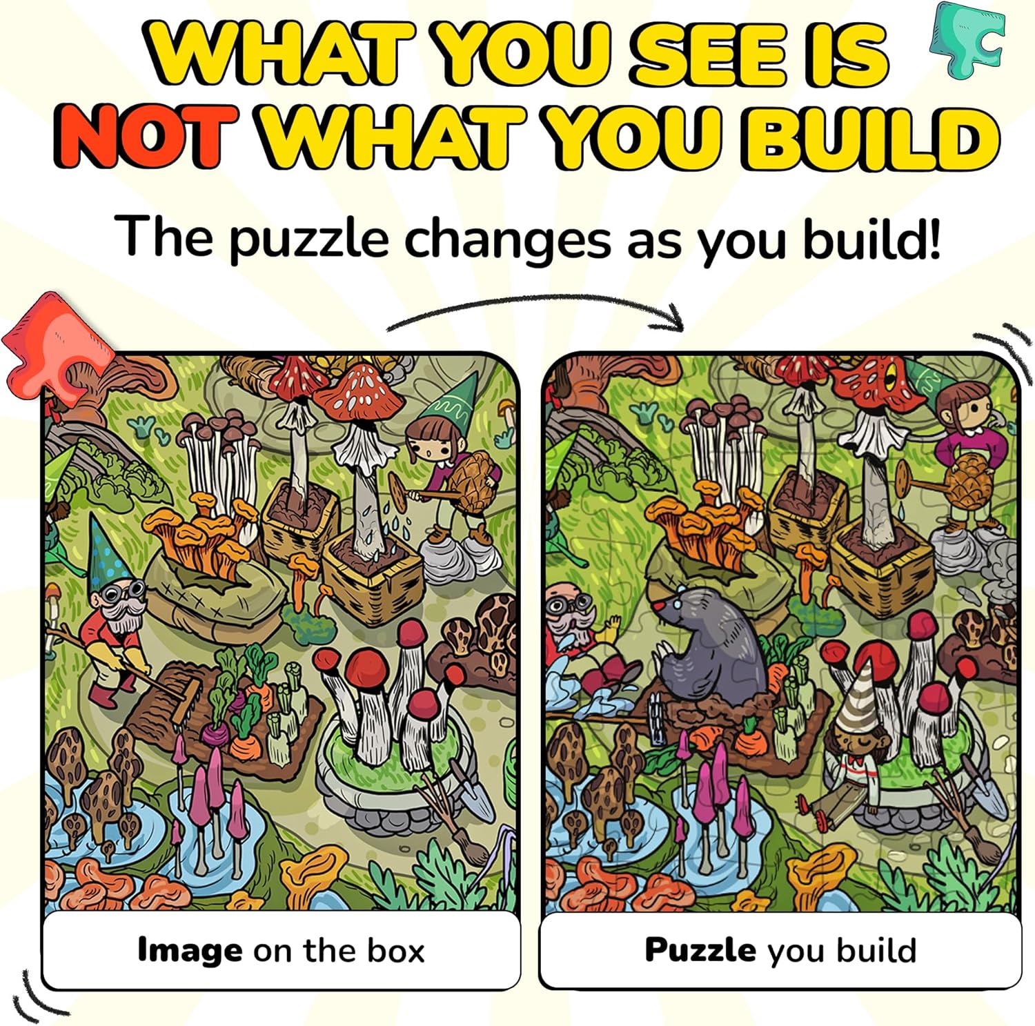 Odd Pieces Jigsaw Puzzles 1000 Pieces with Storytelling Comics, for Women, White Elephant, Mystery Puzzle for Adults & Kids - 19.7'' x 27.6'' Frameable Magic Puzzle Art (Mushroom Mayhem)
