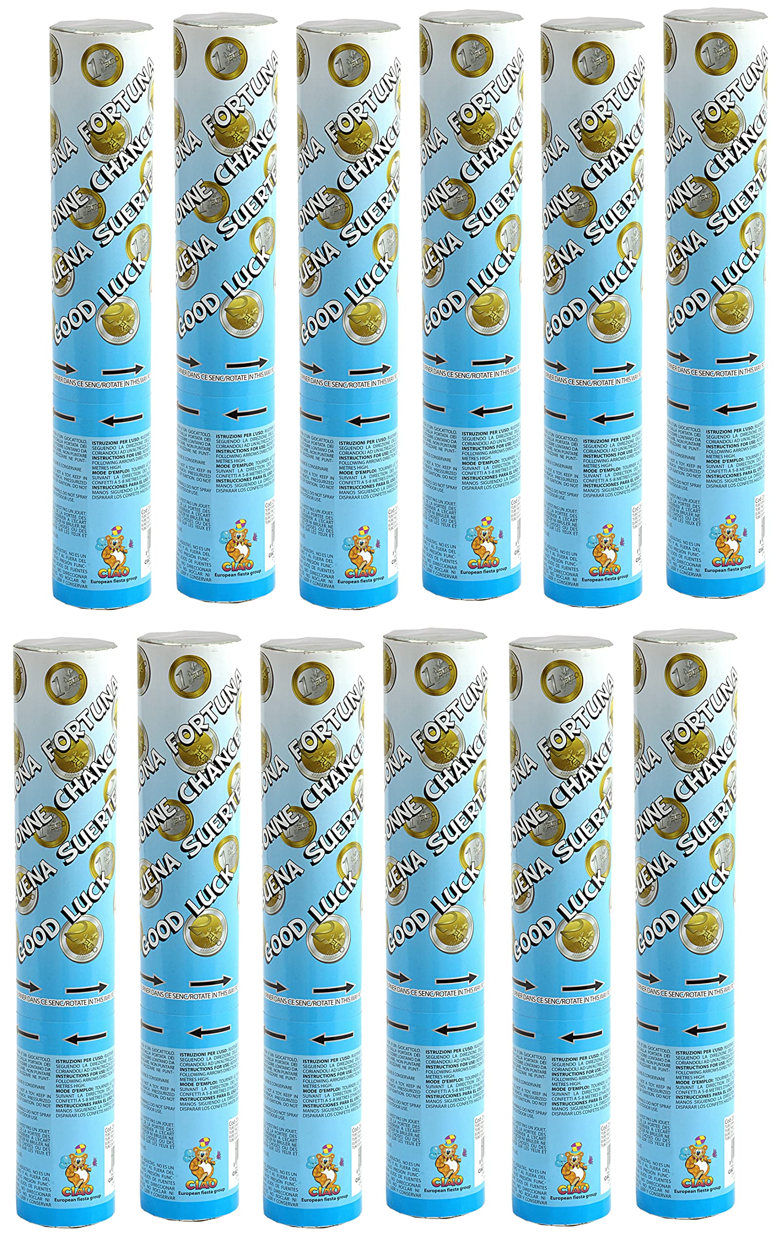 Ciao Set 12 Party Popper Tubos de la suerte despara confeti dinero monedas (30 cm), dorado, plateado, piezas 20429.12