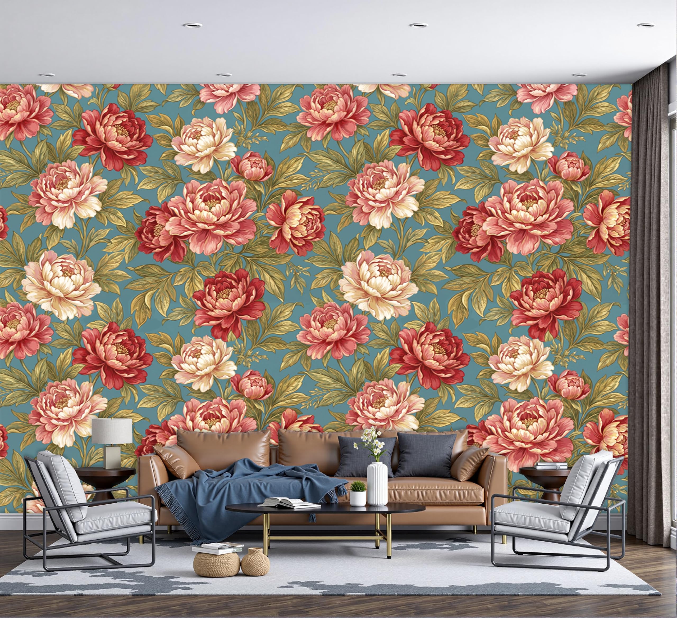 Flores de peonía en papel pintado plantas clásicas seda 200x140cm para pared de sala cuarto
