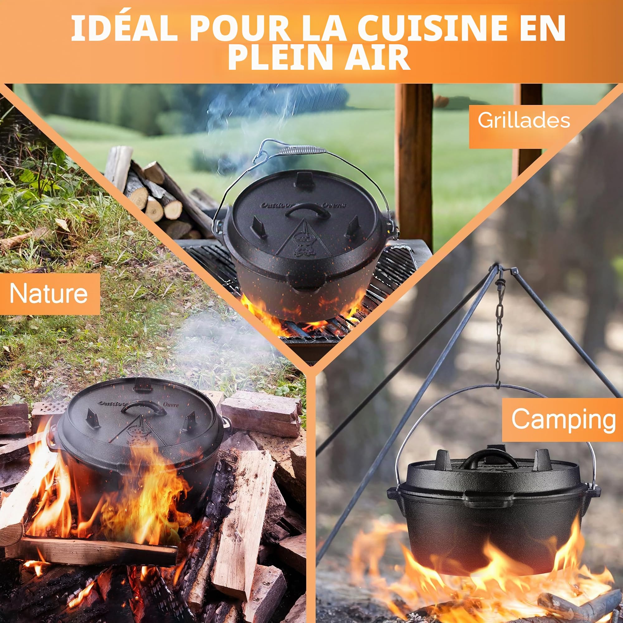 Faitout hollandais 9 litres, double fonction, fonte, pré-assaisonné, avec lifter, noir