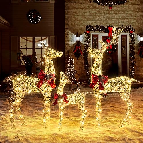 Miniatura 4 de GENIMO 3 piezas de decoración navideña de renos para exteriores, patio, familia de ciervos preiluminados, 390 luces LED, decoración navideña de