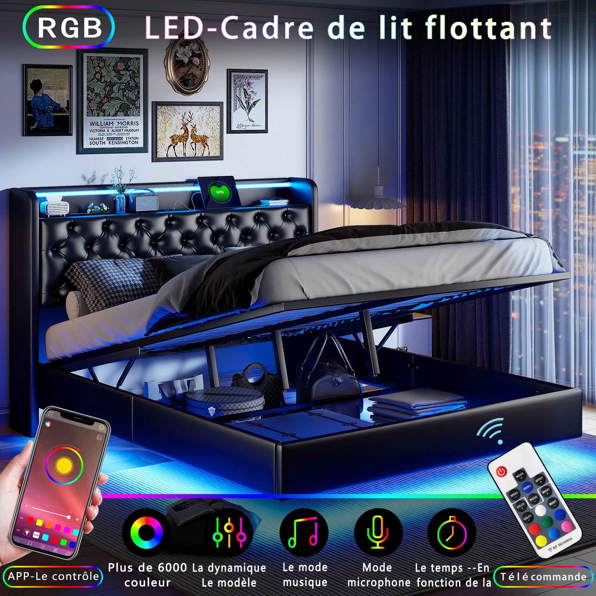 Cadre De Lit TIM Avec éclairage LED, Tête De Lit Et Sommier à Lattes En Simili Dimensions Matelas 160 X 200 Cm Cadre De Lit TIM Avec éclairage LED, Tête De Lit Et Sommier à Lattes En Simili Dimensions Matelas 160 X 200 Cm