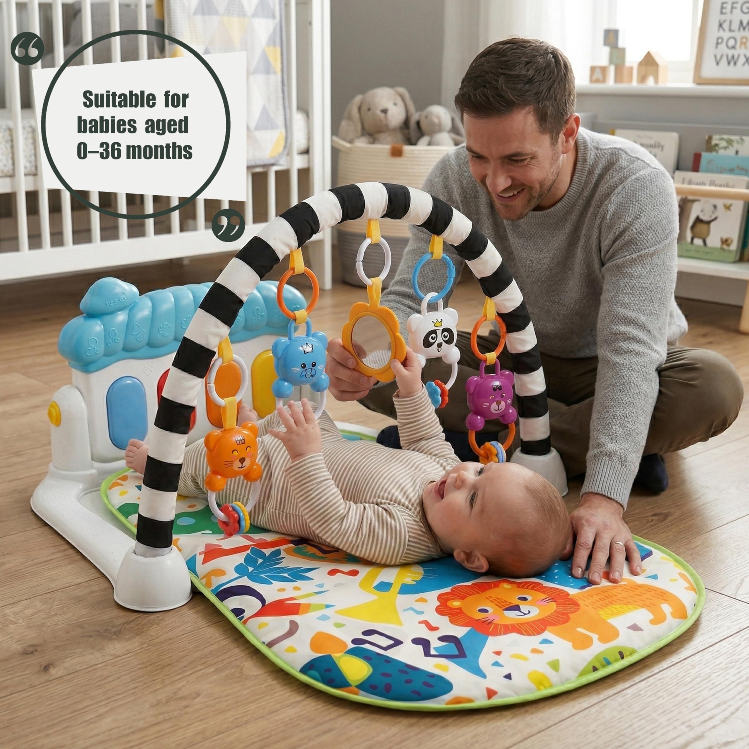 Baby Play Mat Baby Gym, White Play Gym with Musical Kick Piano Floor Activity Gym & Sensory Toys, Sounds, Lights and Music Gifts for Newborn Boy & Girl, 0 to 3 6 9 12 Months — view 4