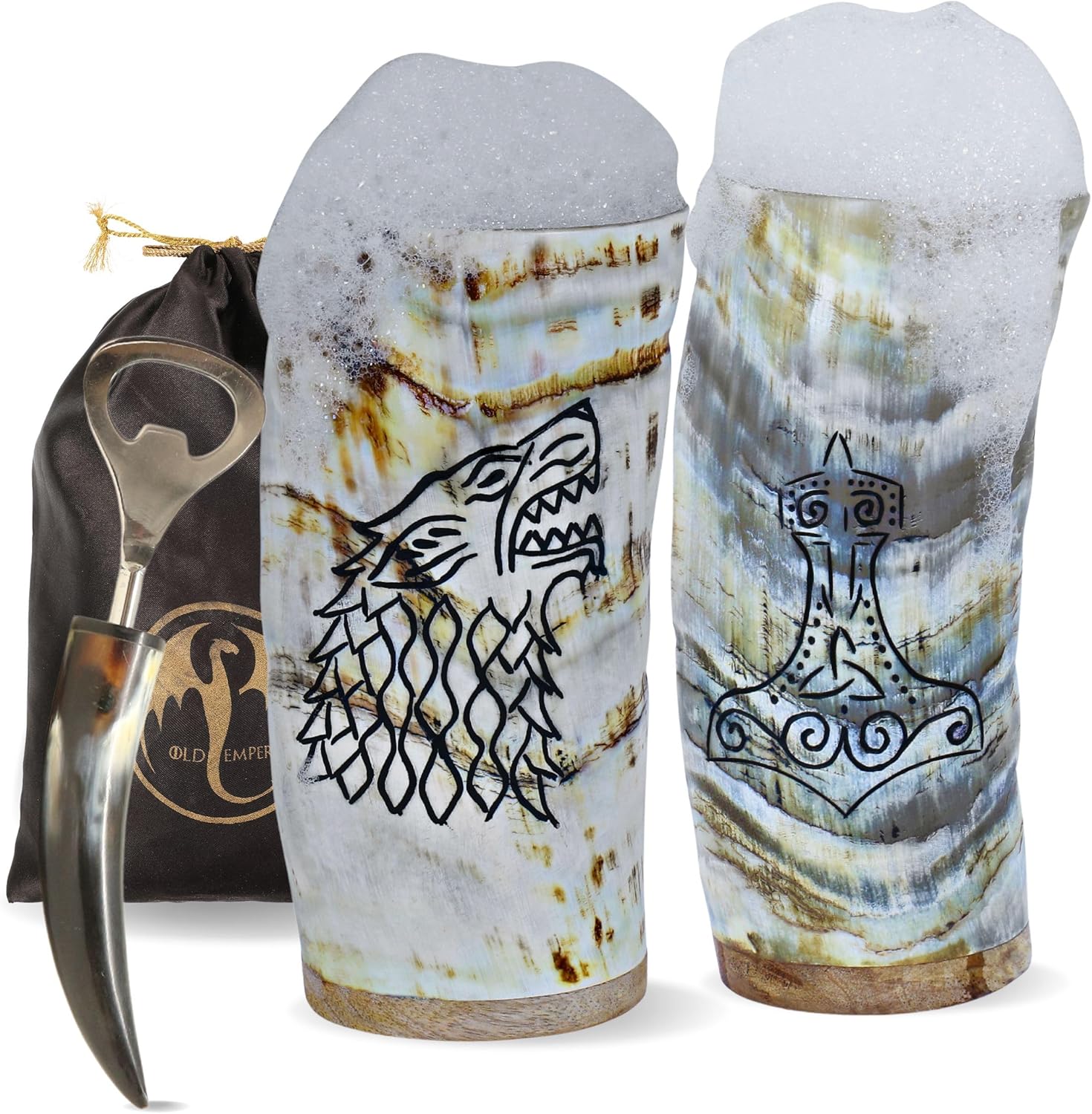 Viking Drinking Cups Set of 2 with Bottle Opener | 8oz Handcrafted Natural Ox Horn Tumblers | Engraved Fenrir Wolf & Mjolnir Symbols | Food Safe | Viking Gifts for Men & Women