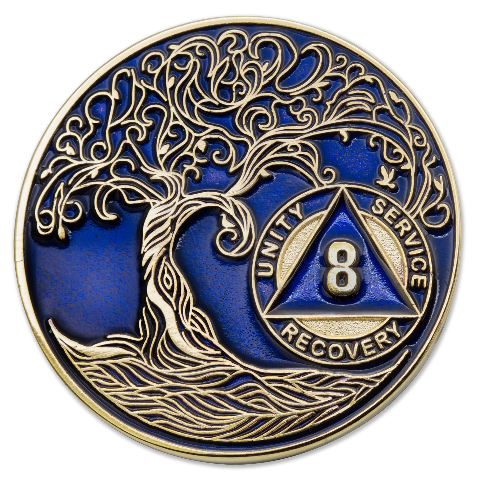 1 to 50 Year Twisted Tree of Life Sobriety Coin - Gold Plated AA Chips &amp; Medallions - 8 Year Sobriety Coin - Translucent Blue