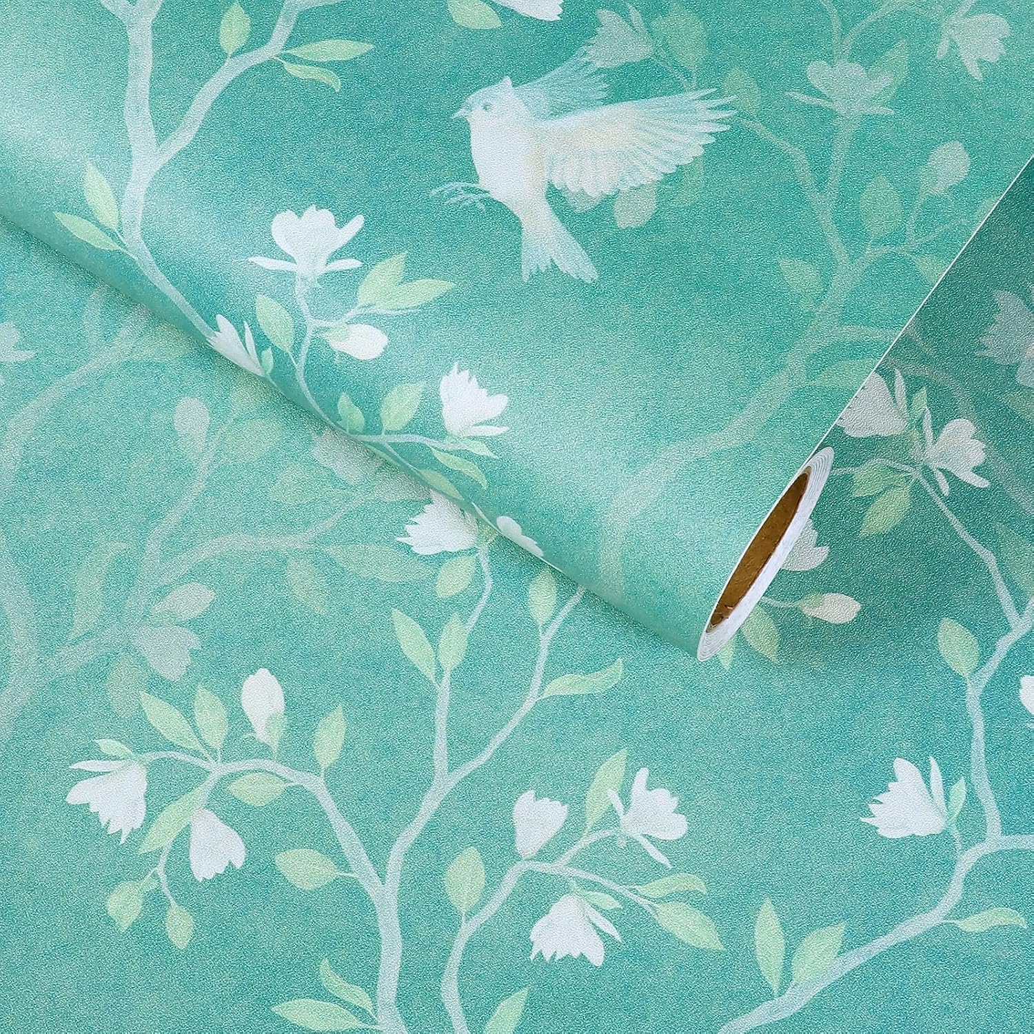 VaryStyle 17.7"x393" Turquoise Magnolia Tree Wallpaper Teal Green Forest Bird Floral Peel and Stick Wallpaper Aesthetic Teal Contact Paper Waterproof Sticky Mural Wall Paper for Kitchen Drawers Shelf