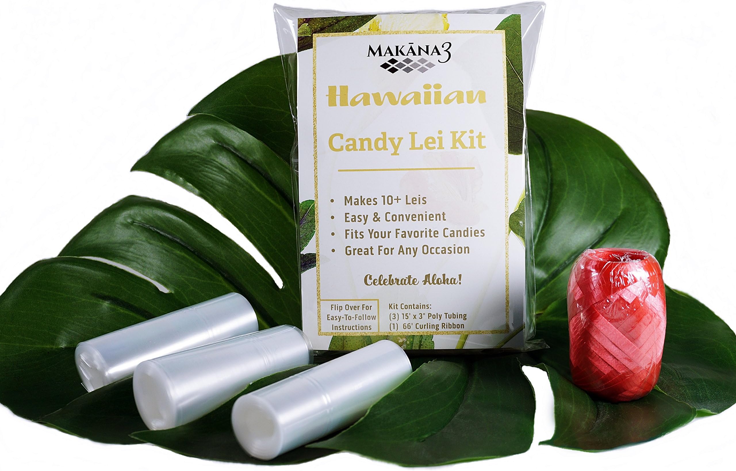 Hawaiian Candy Multi-Occasion Lei Garland Kit, Makes Up to 10 Adult Leis Or 12 Kids Leis, Available in White, Red, Blue, Gold, 4 Pcs DIY Hawaiian Candy Lei Making Kit (Red)