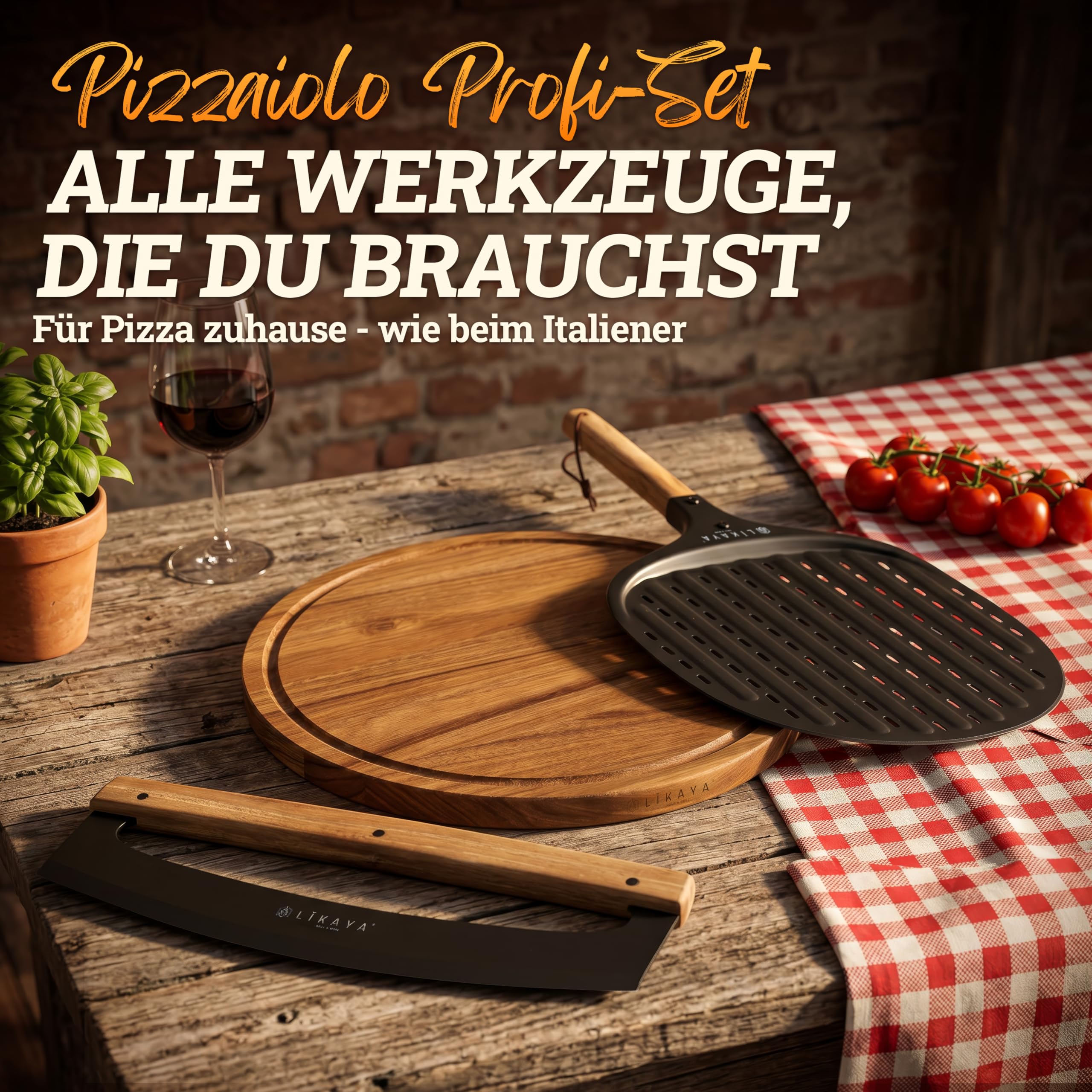 LIKAYA Pizzaiolo Set d'accessoires à pizza professionnel avec pelle à pizza 32 x 62 cm, planche à pizza 35 cm et couteau à pizza 36 cm – Pelle à pizza, couteau à pizza et planche à pizza en bois