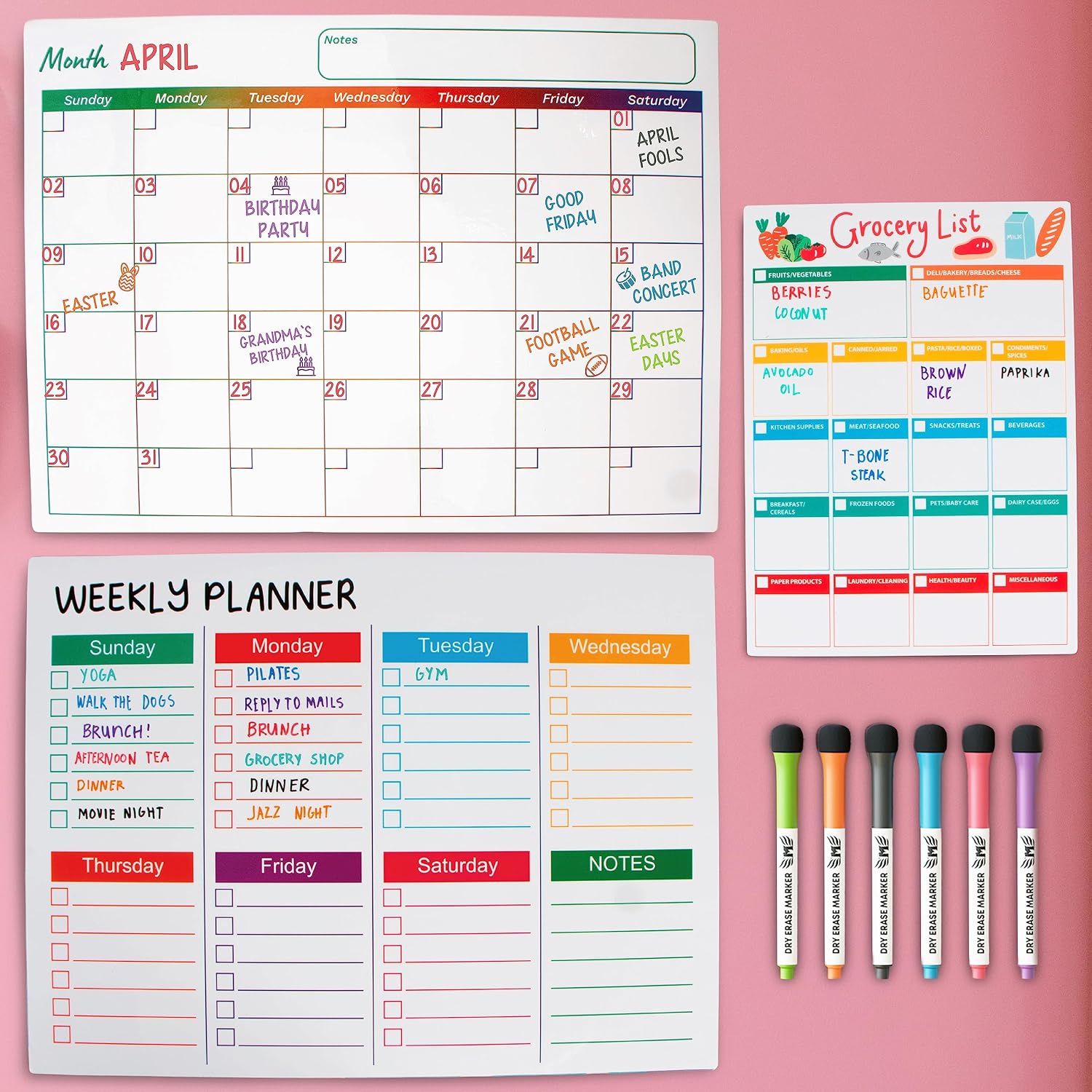 Mommy Marvel Magnetic Calendar for Fridge Dry Erase - Set of 3 Fridge Calendar Magnetic Dry Erase Calendar Whiteboard, Grocery & To-Do List Large Horizontal 6-Week Calendar for the Fridge w/ 6 Markers