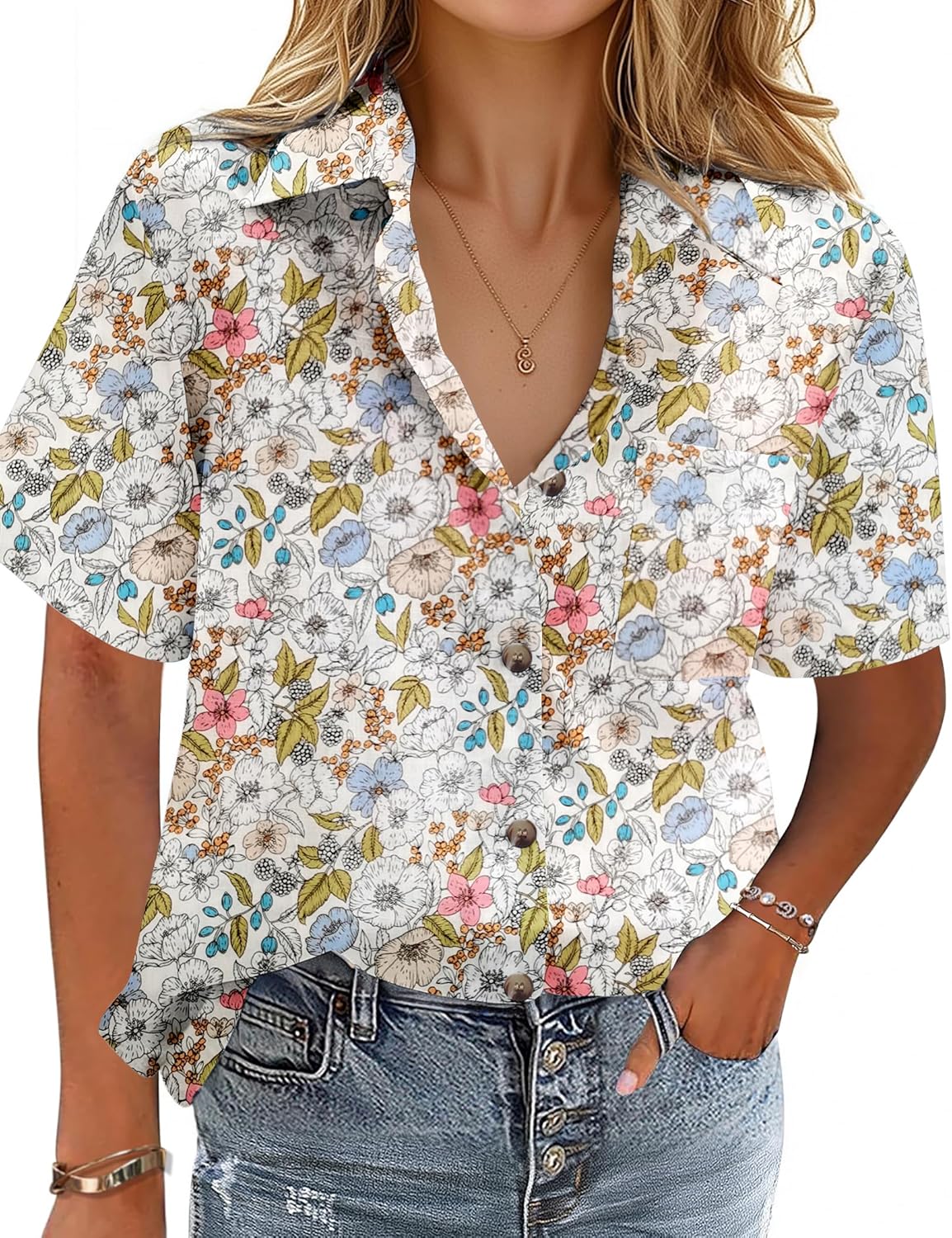 HOTOUCH Cotton Linen Button Down Shirt for Women V Neck Collared Blouse Casual Short Sleeve Tops with Pocket