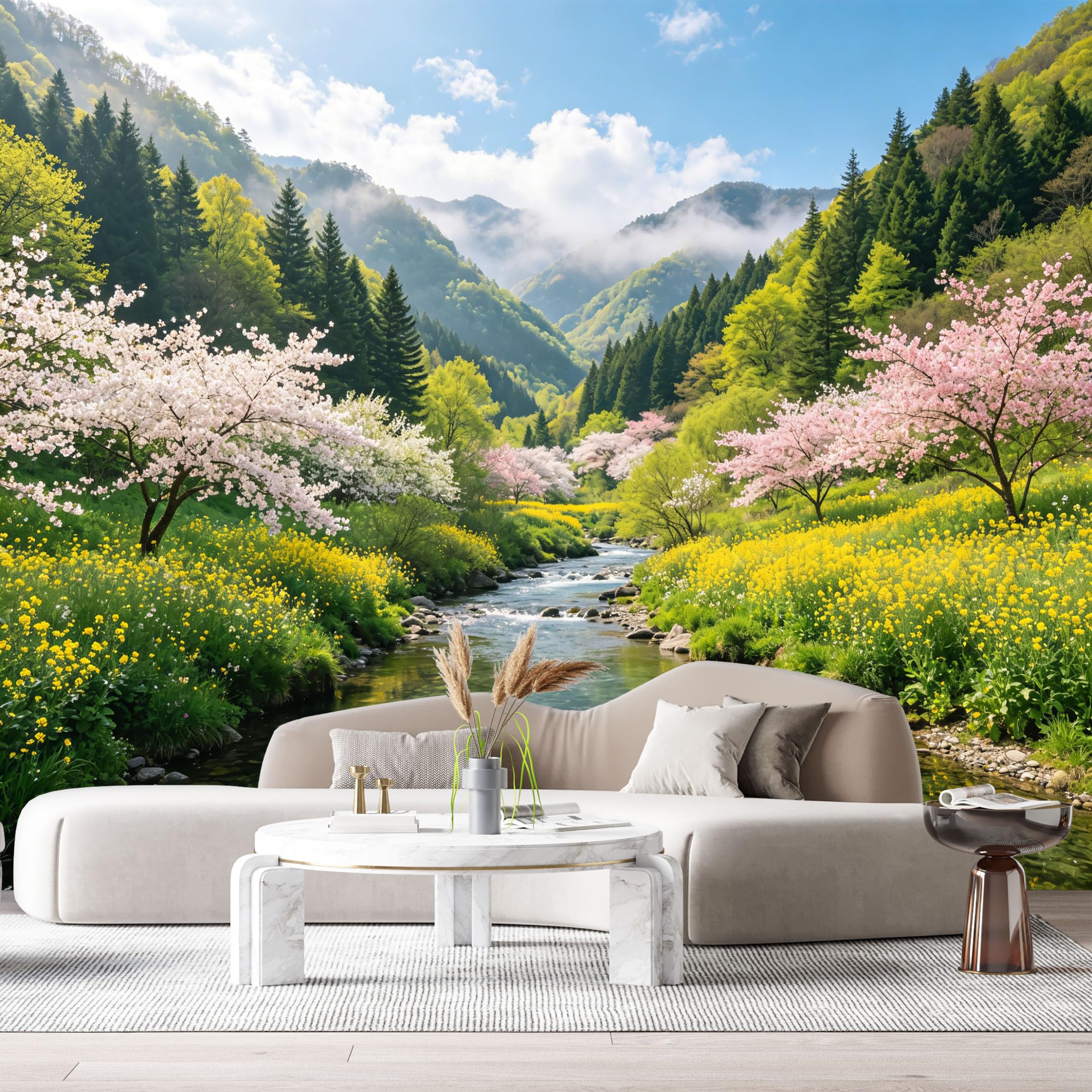 Custom Size Wall Murals Spring River Landscape Mountain Valley Cherry Blossom Forest Watercolor SelfAdhesive Wall Fabric Removable Large Wallpaper for Photo Living Room