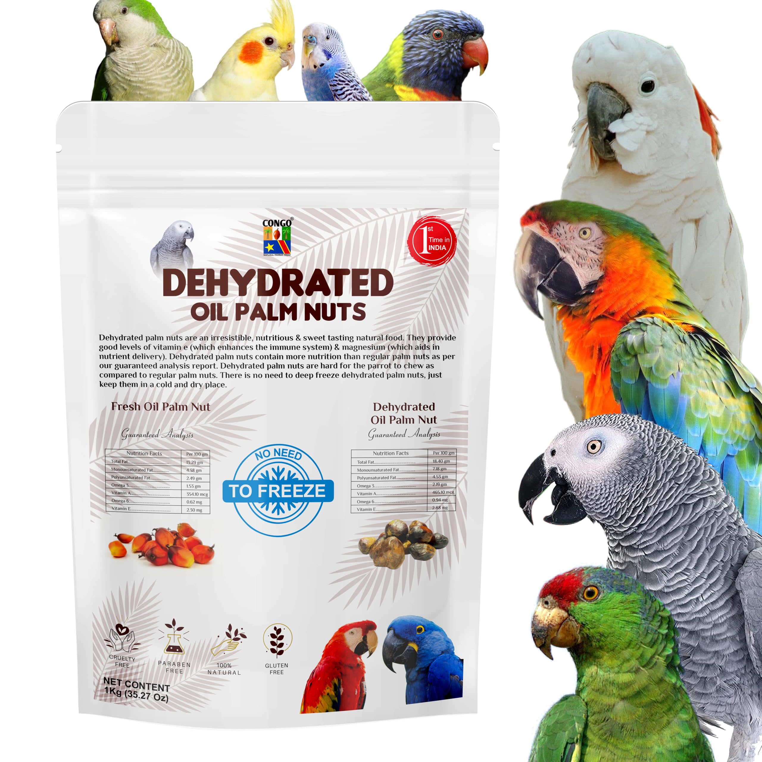 CONGO Natural Parrot Treat Dehydrated Oil Palm Nut for Parakeet, Cockatiels, Conure, Amazon, Senegal, African Grey, Macaw, Cockatoo, Eclectus and Other Birds, 1 Kg,All Life Stages
